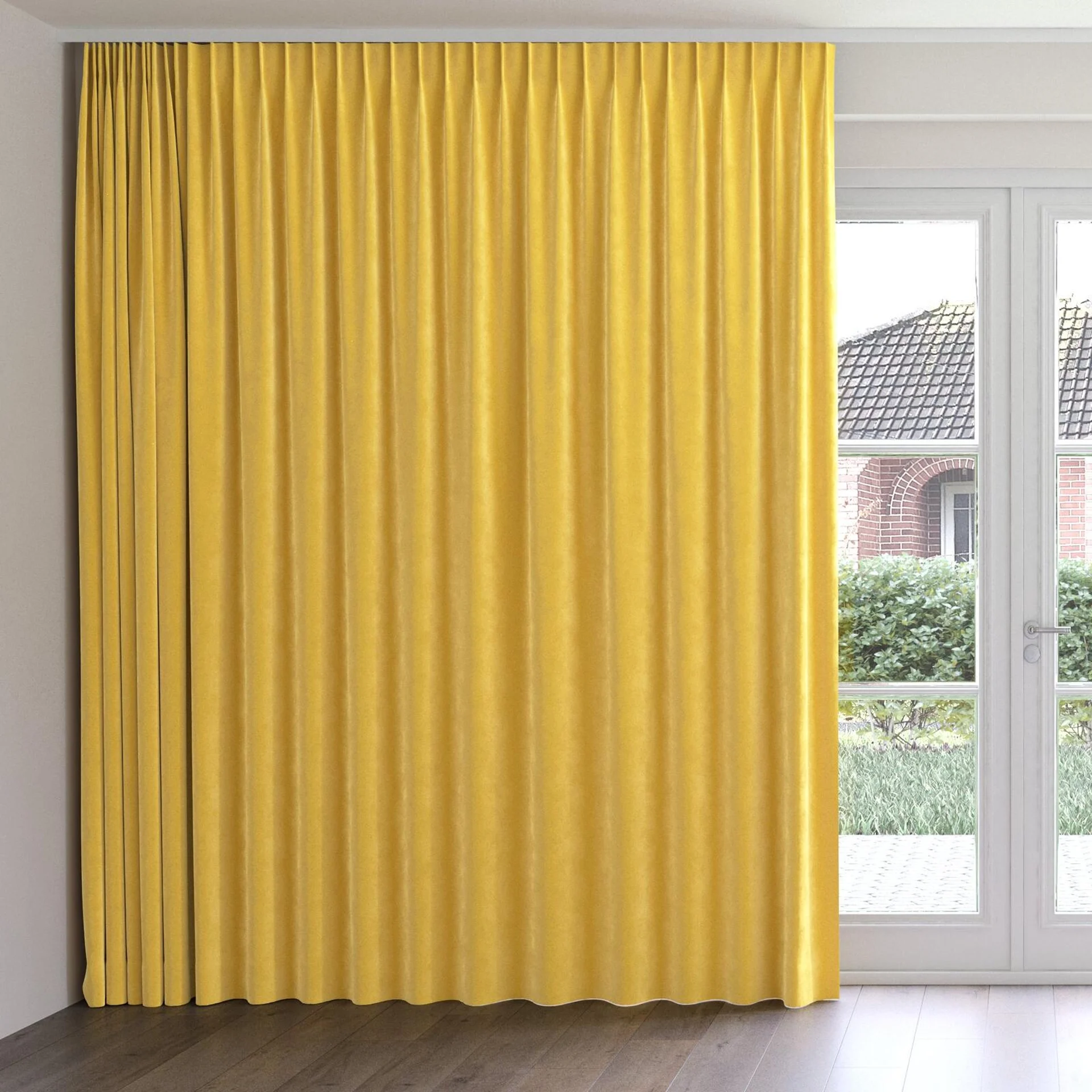 Front view of Lux Velvet Saffron 8204, on curtain rail