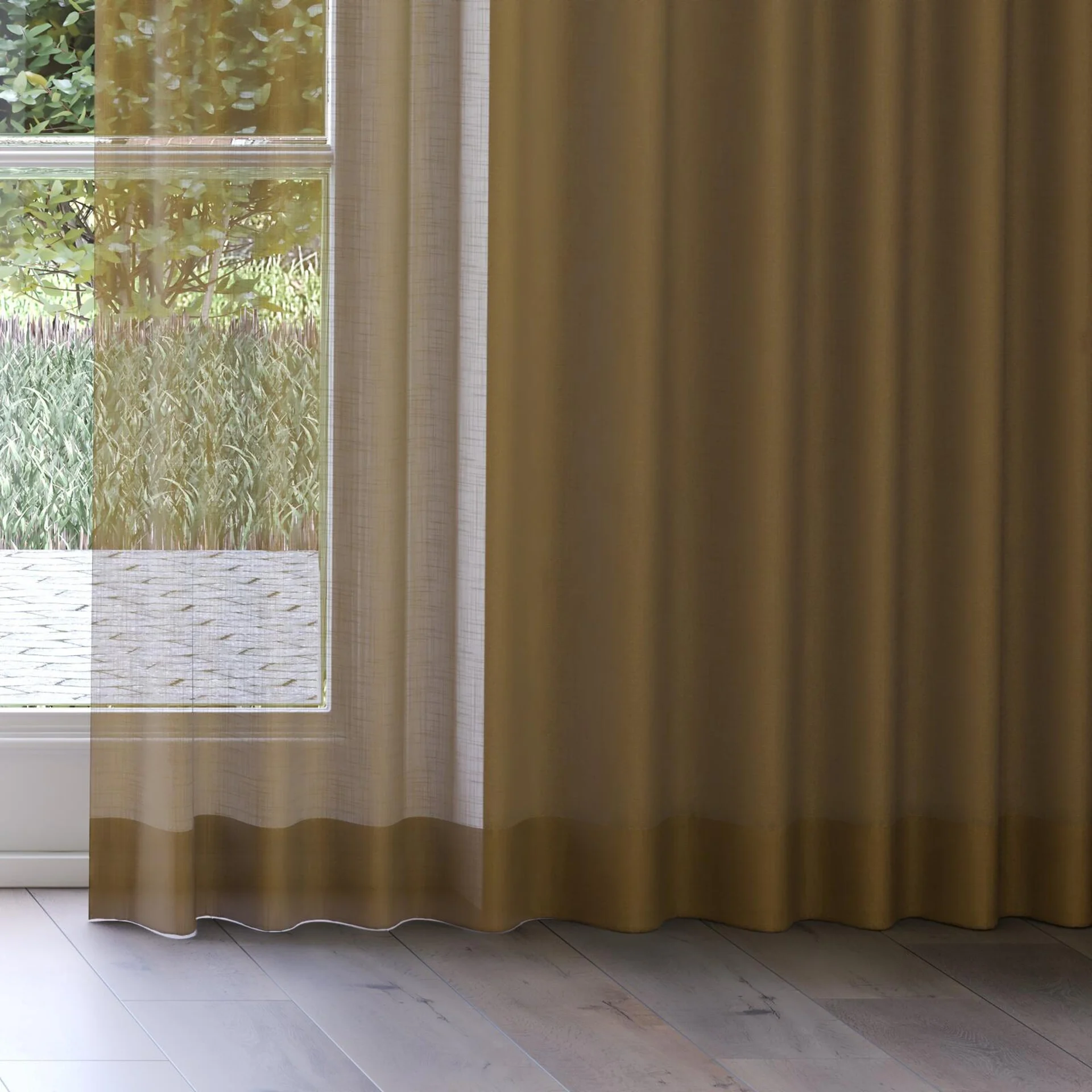 Bottom view of Kumo Recycled Ochre, on curtain rail