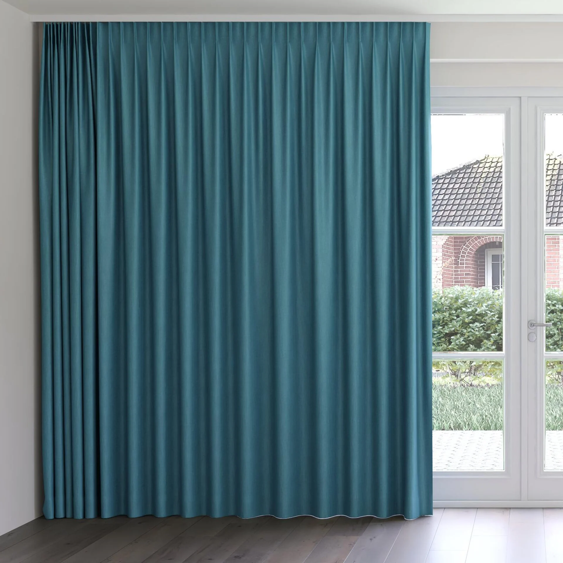 Front view of Kidglove Peacock, on curtain rail