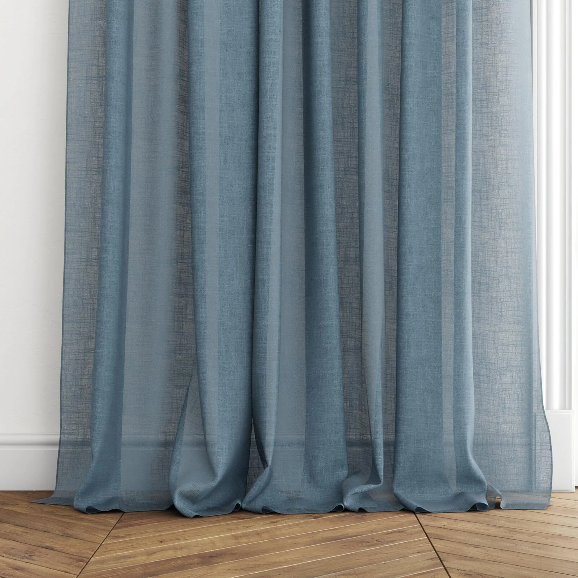 Bottom view of Verdant Denim, puddled with pinch pleat, on curtain rod