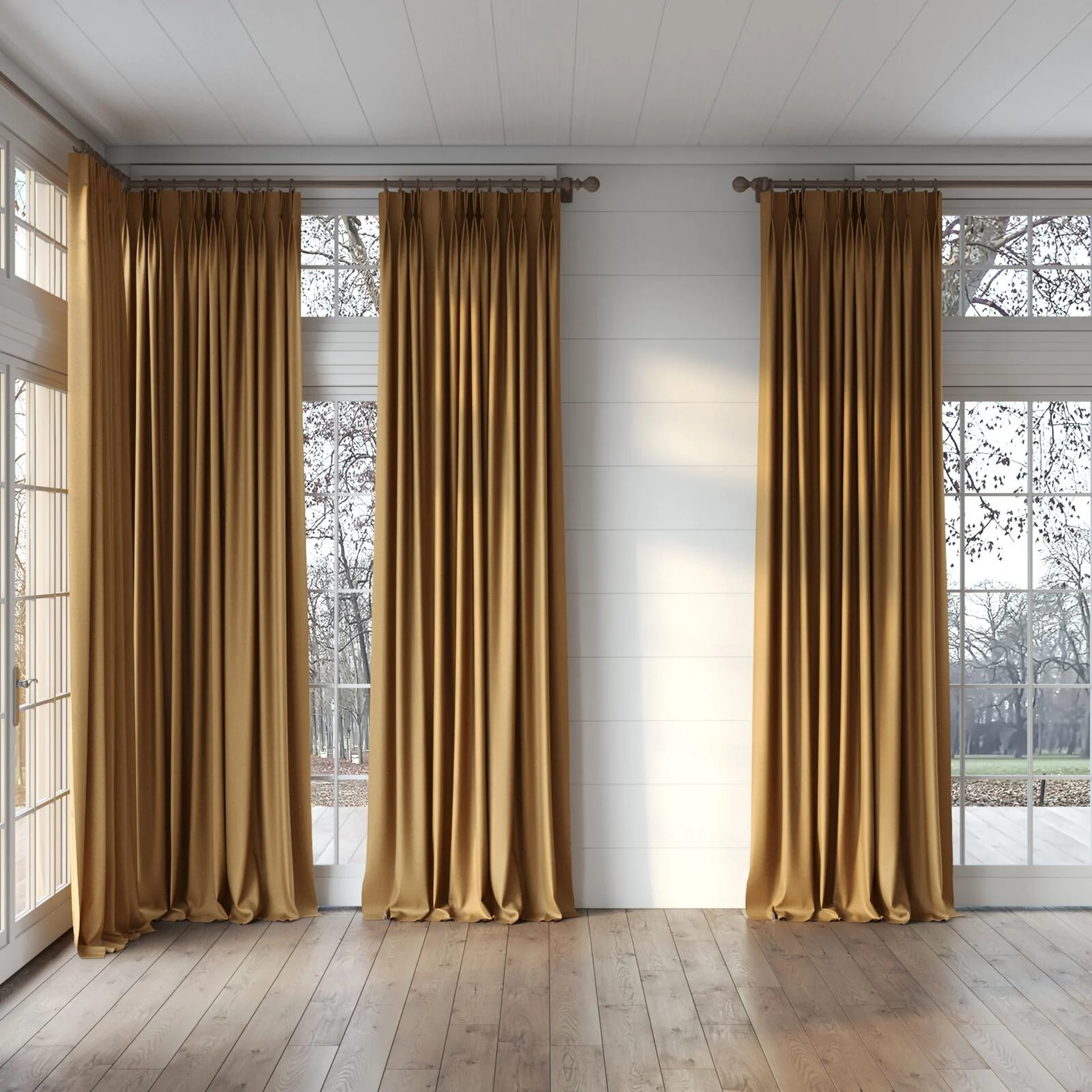 Full view of Retreat Blackout Sunset, puddled, on curtain rod