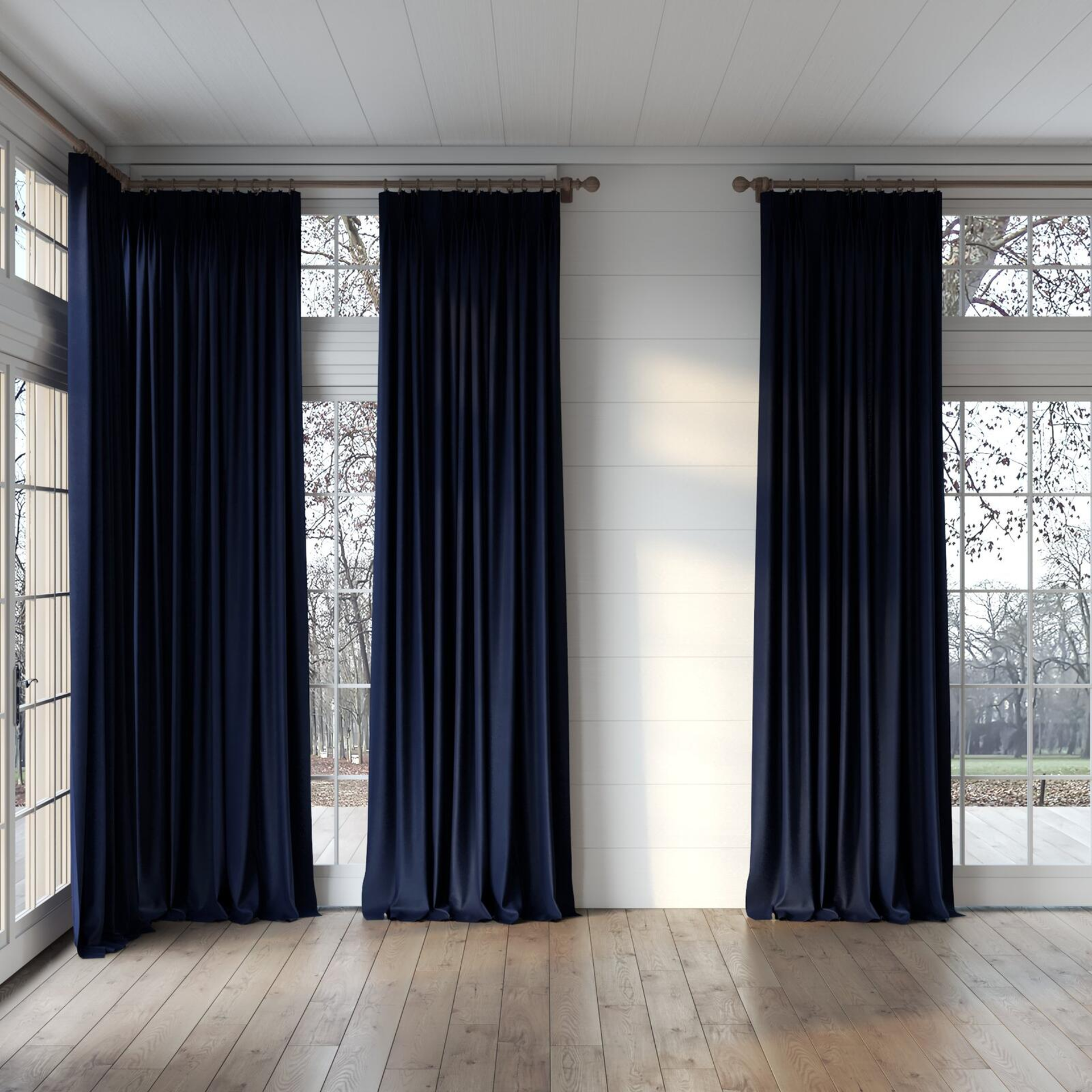 Full view of Lech Navy, puddled, on curtain rod