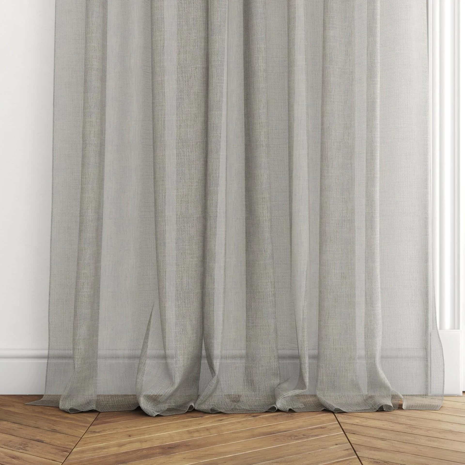 Bottom view of Radiant Smoke, puddled with pinch pleat, on curtain rod