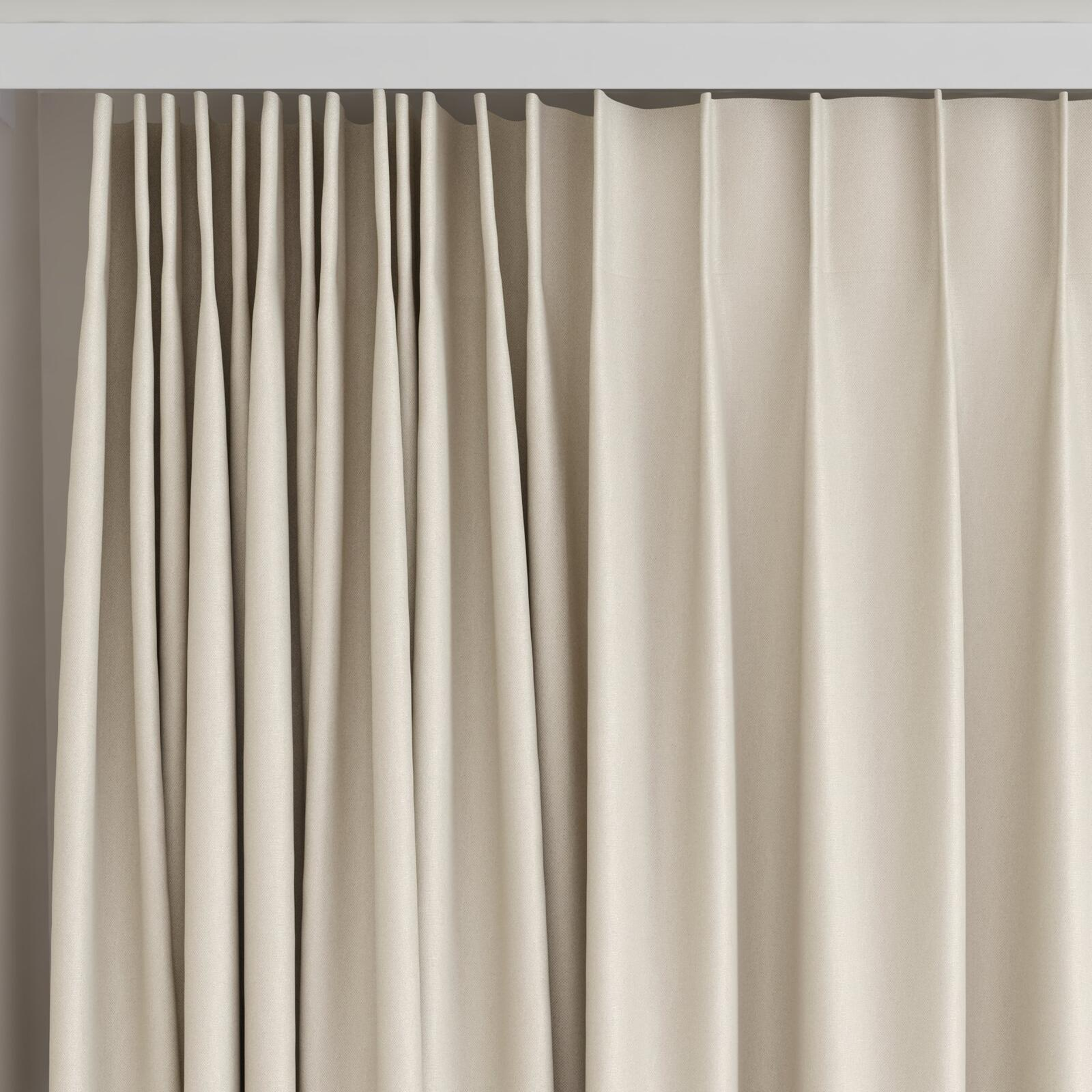 Top view of Woolskin Greige, on curtain rail