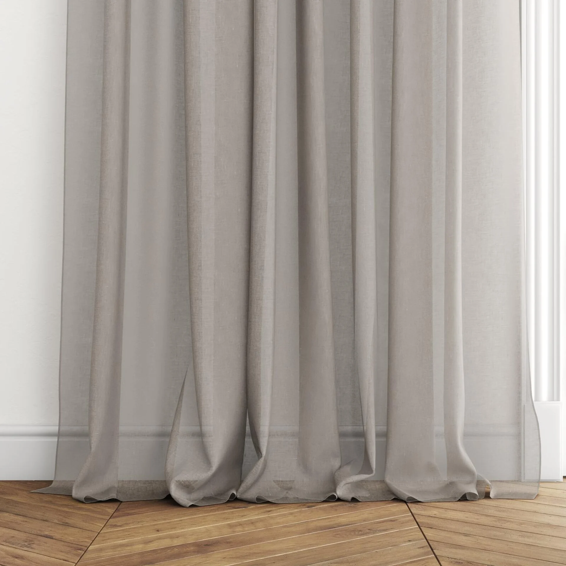 Bottom view of Kanji Stone, puddled with pinch pleat, on curtain rod