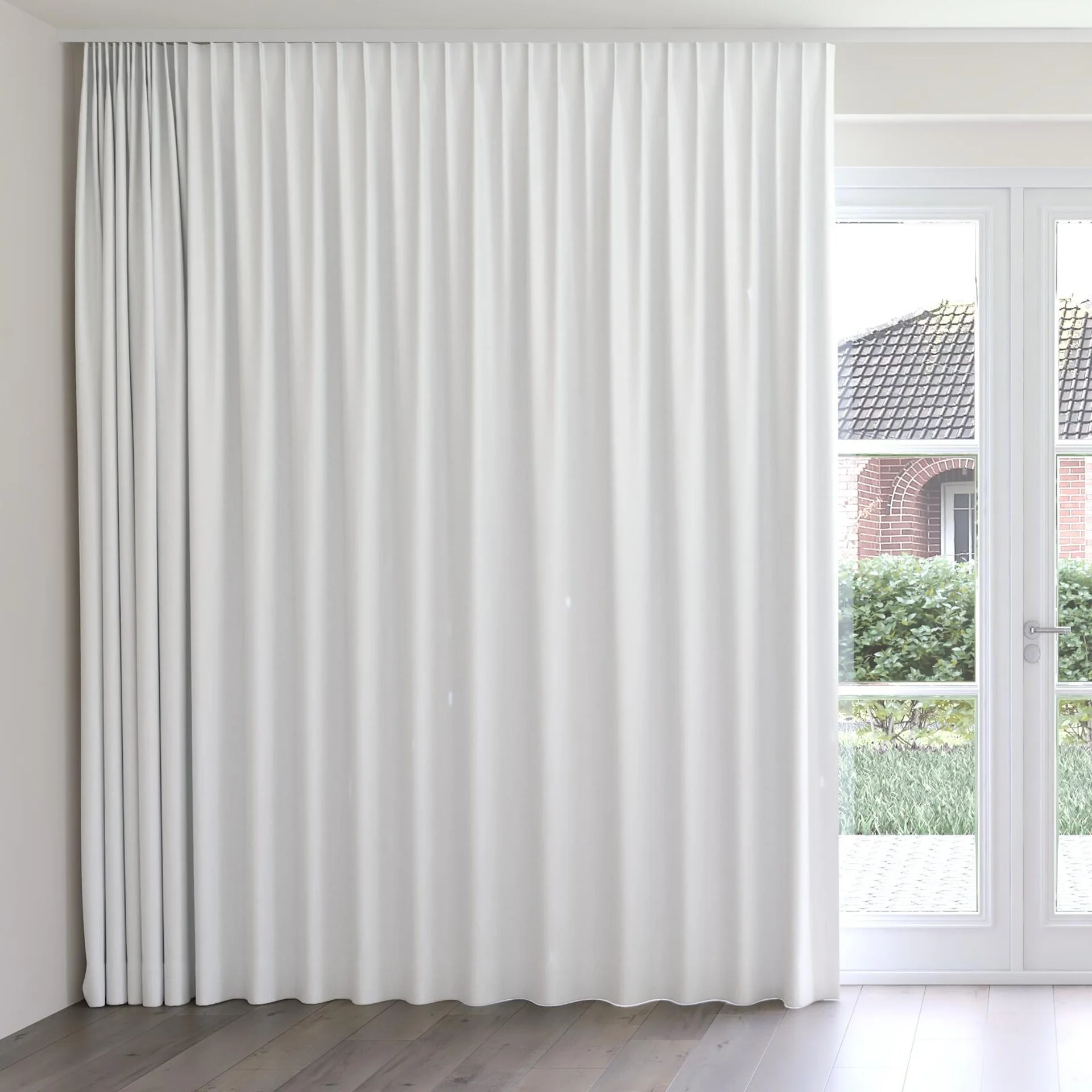 Front view of Retreat II Cotton, on curtain rail
