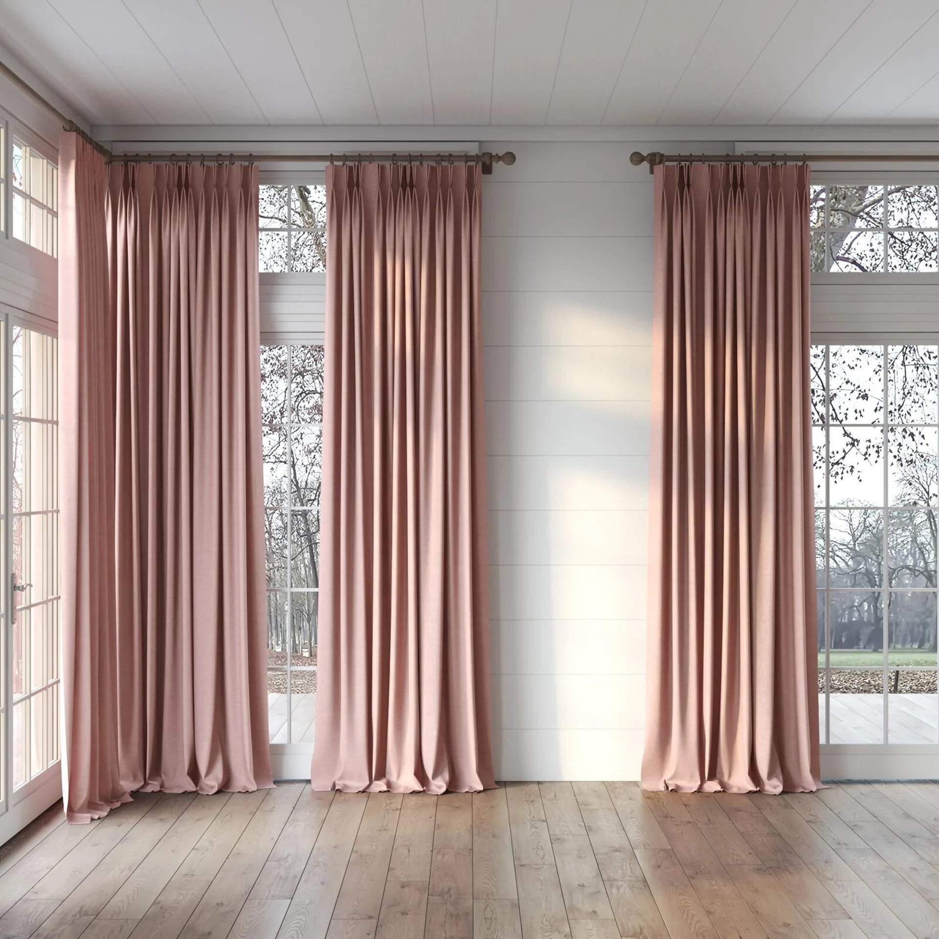 Full view of Drama Boudoir, puddled, on curtain rod