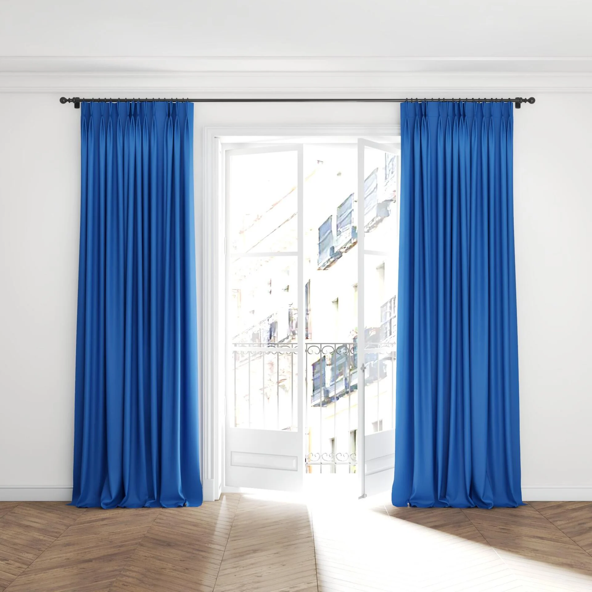 Full view of Ultra Dim Caribbean, puddled with pinch pleat, on curtain rod