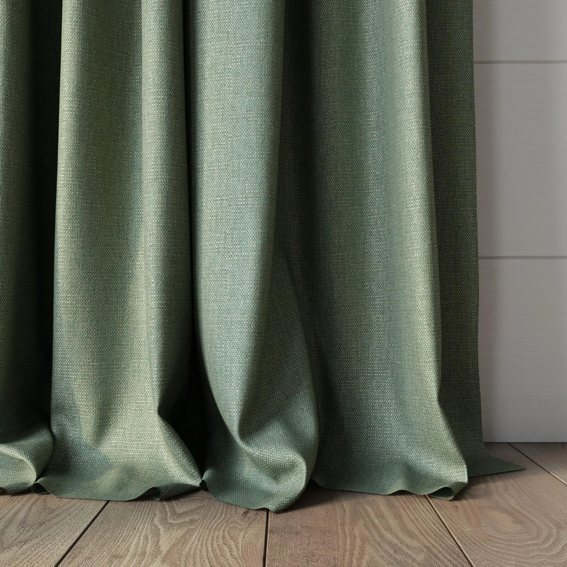 Bottom view of Gent Celadon, puddled, on curtain rod