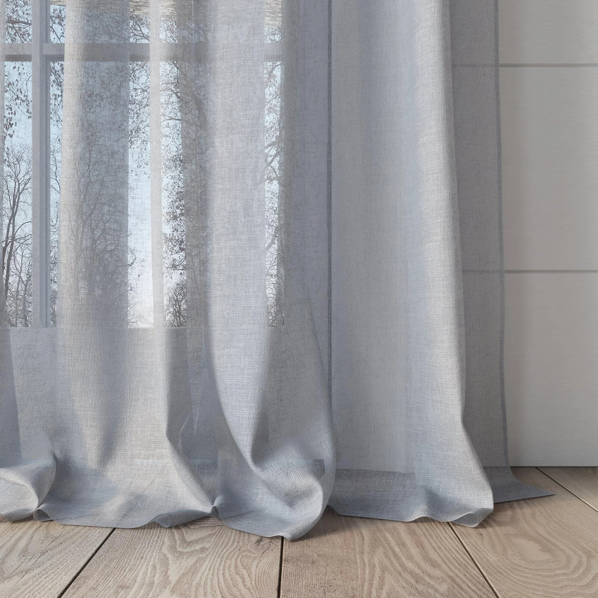 Bottom view of Elevate Frost, puddled, on curtain rod