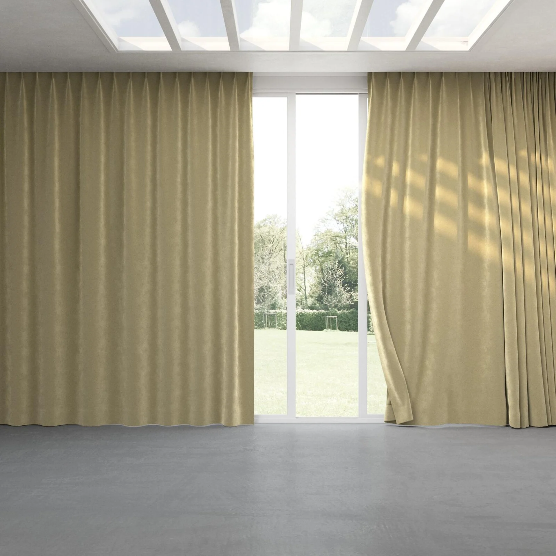 Full view of Lux Velvet Moss 8408, pinch pleat