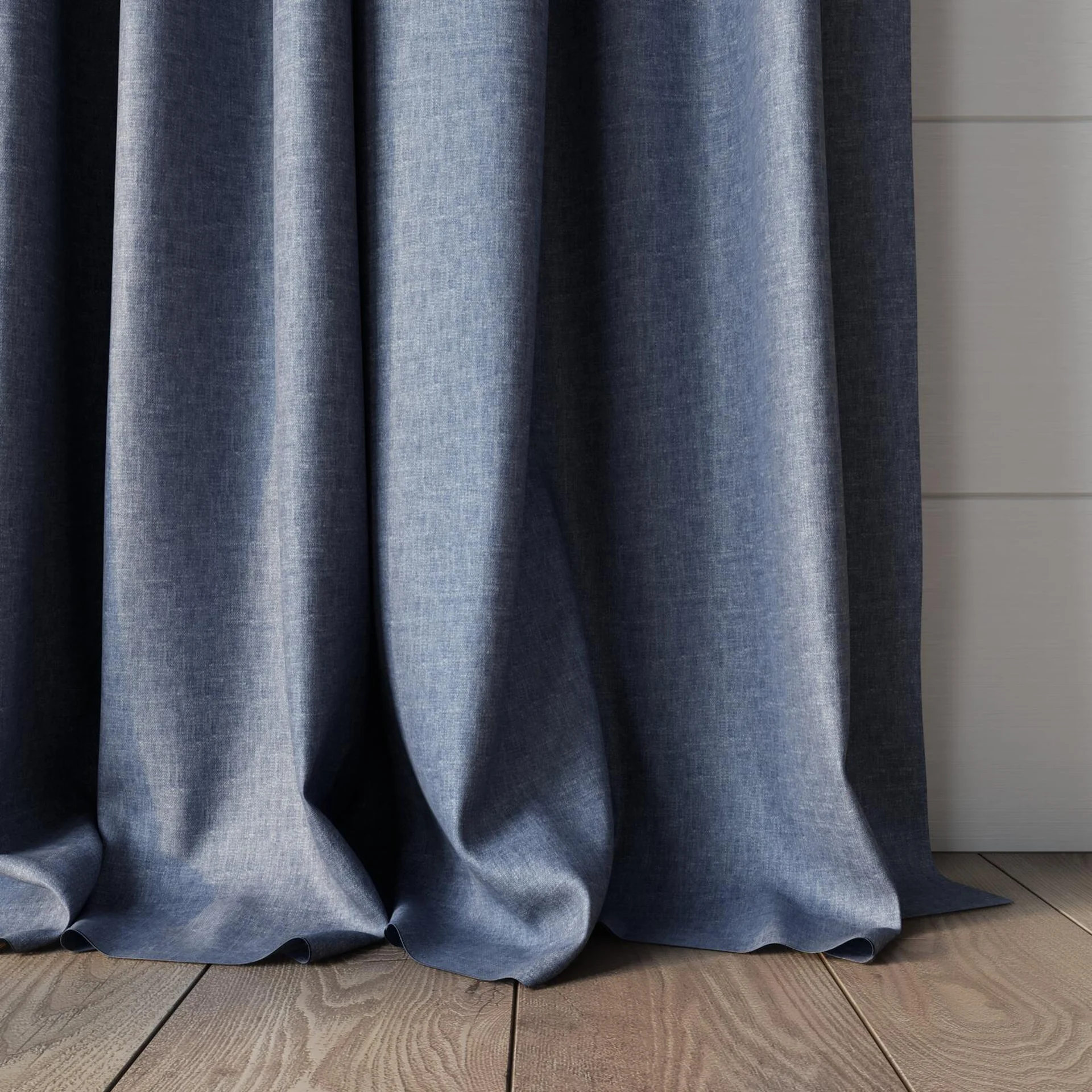 Bottom view of Hometown Denim, puddled, on curtain rod