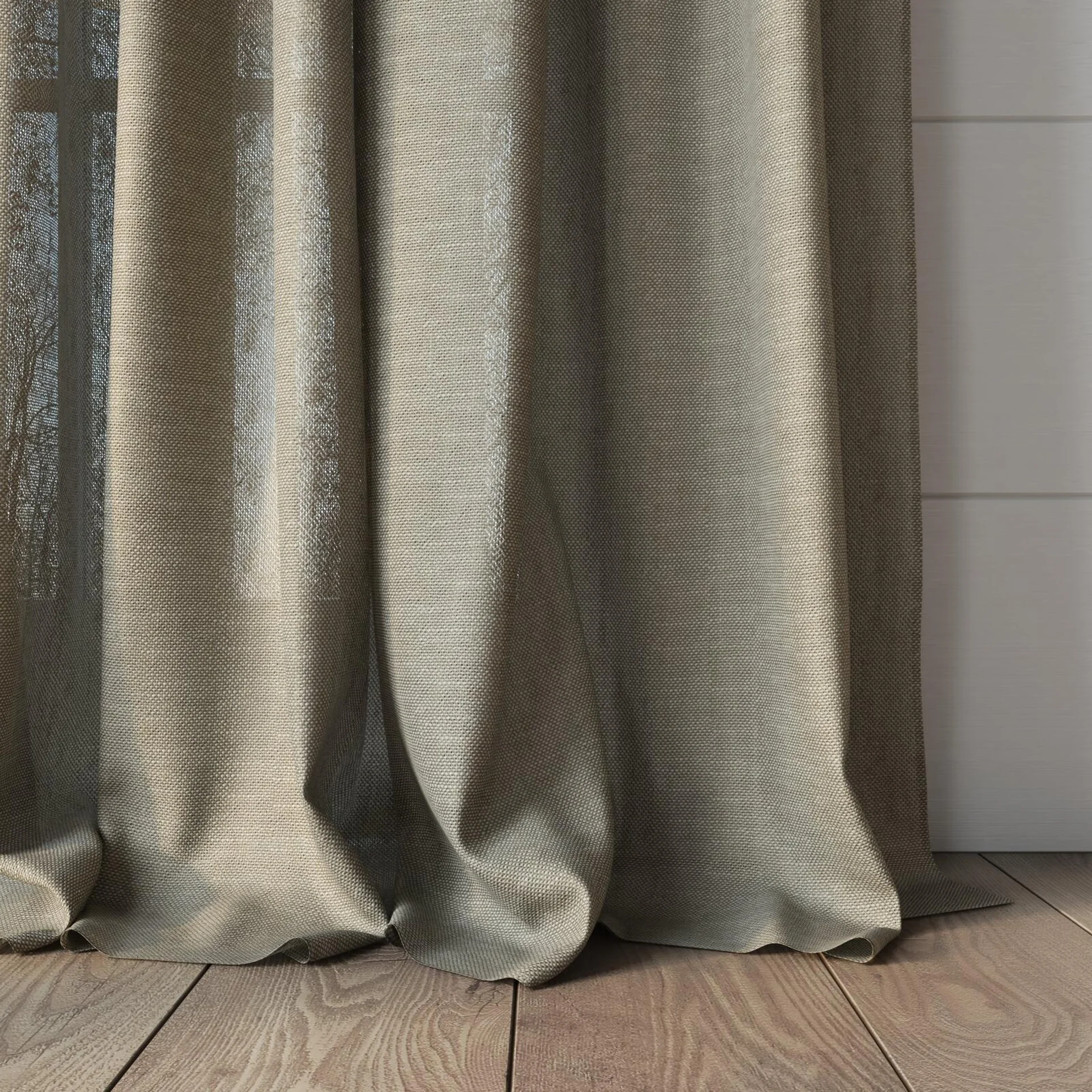 Bottom view of Lucidity Linen, puddled, on curtain rod