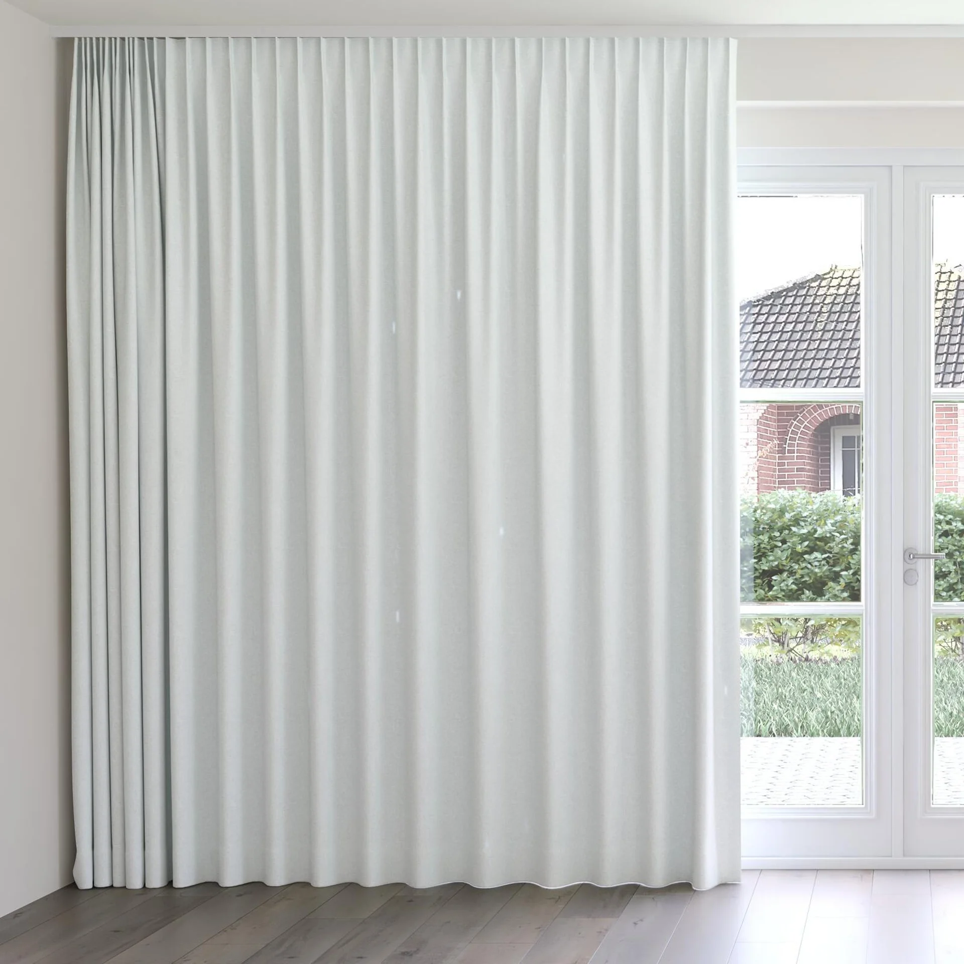 Front view of Retreat II Pebble, on curtain rail