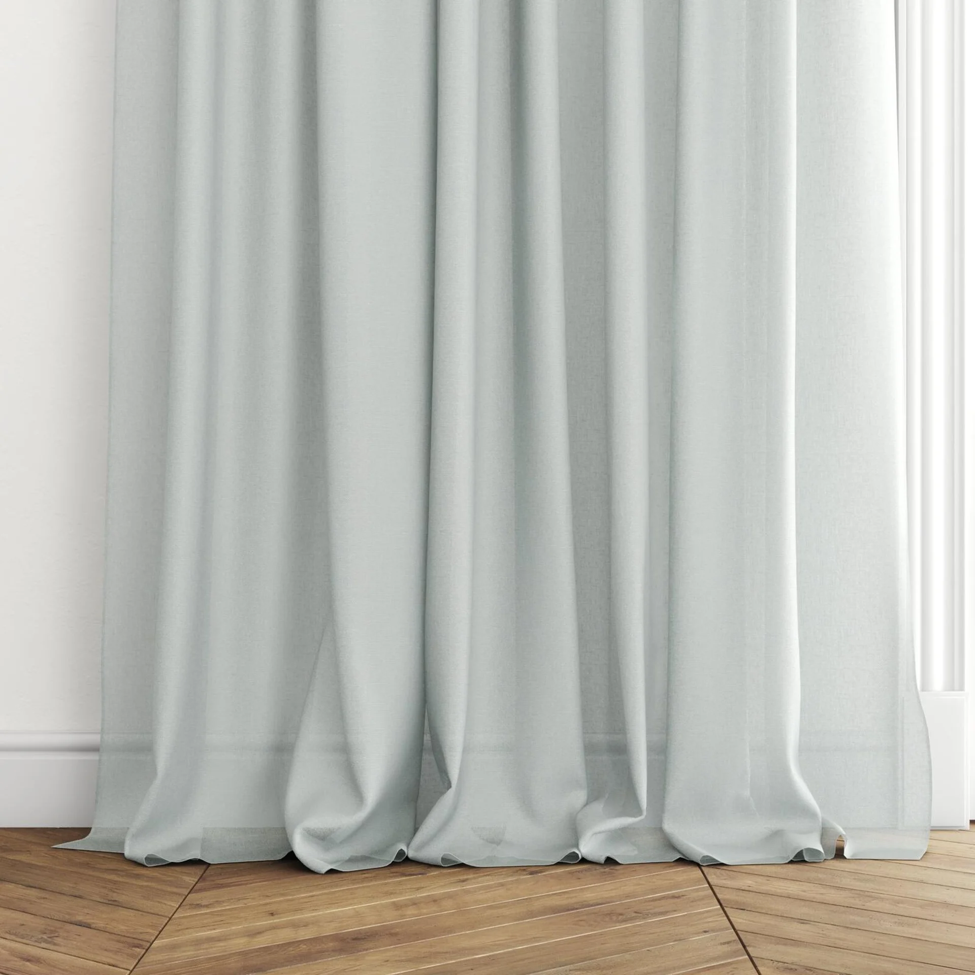 Bottom view of Alcova Sky, puddled with pinch pleat, on curtain rod