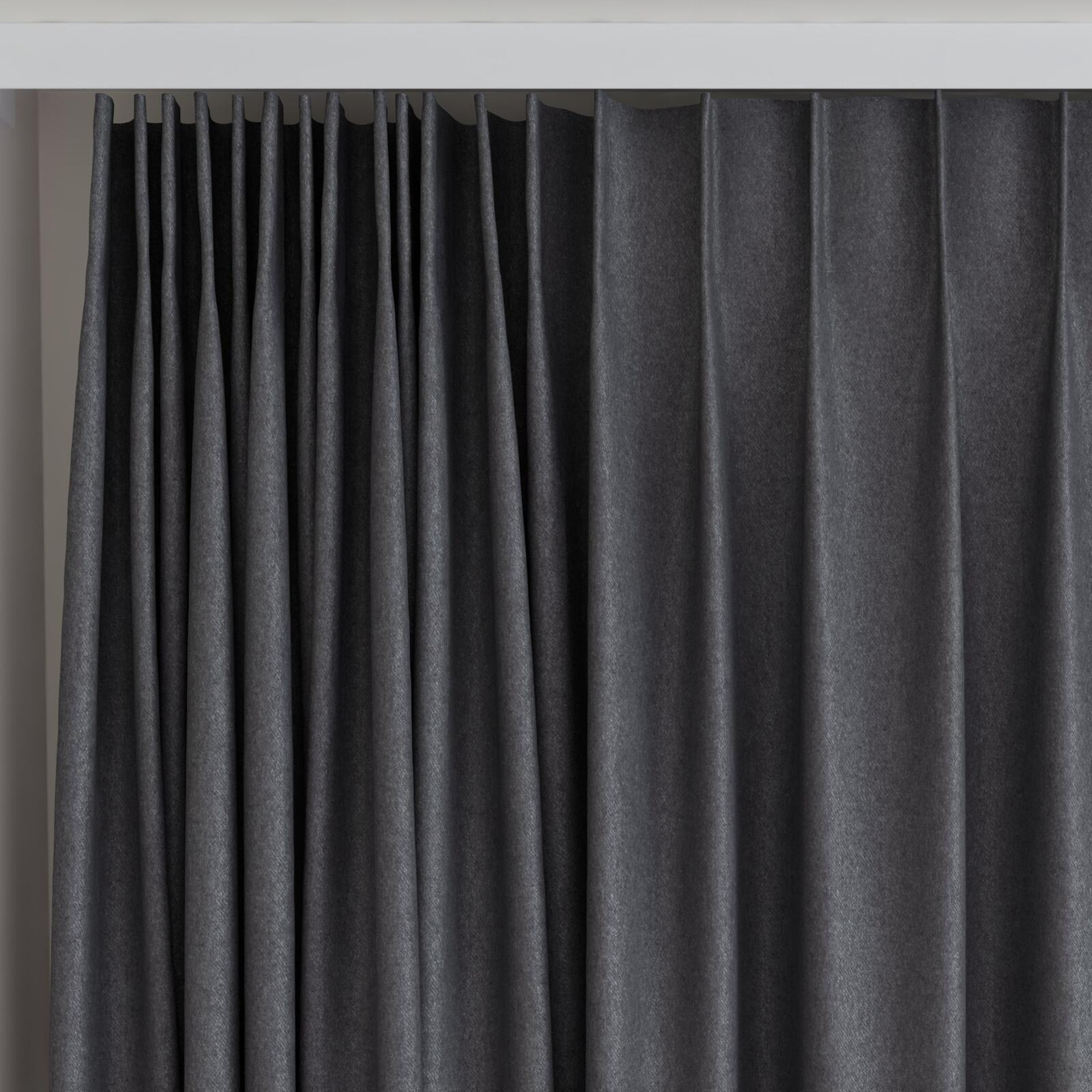 Top view of Woolly/Woolen Anthracite, on curtain rail