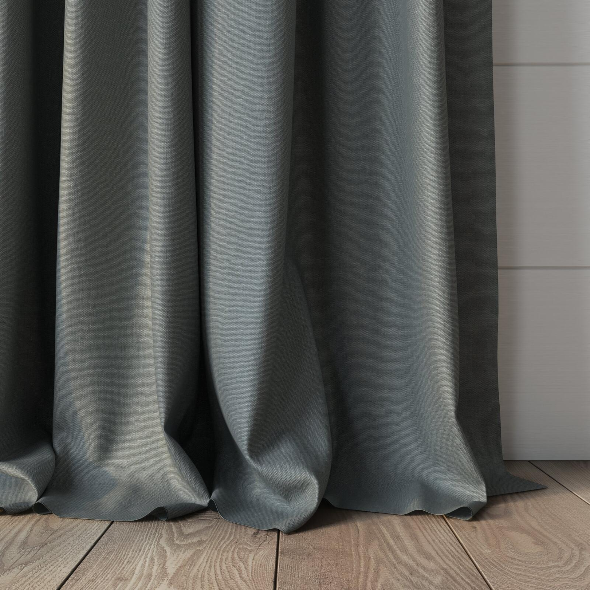 Bottom view of Infinite Celadon, puddled, on curtain rod