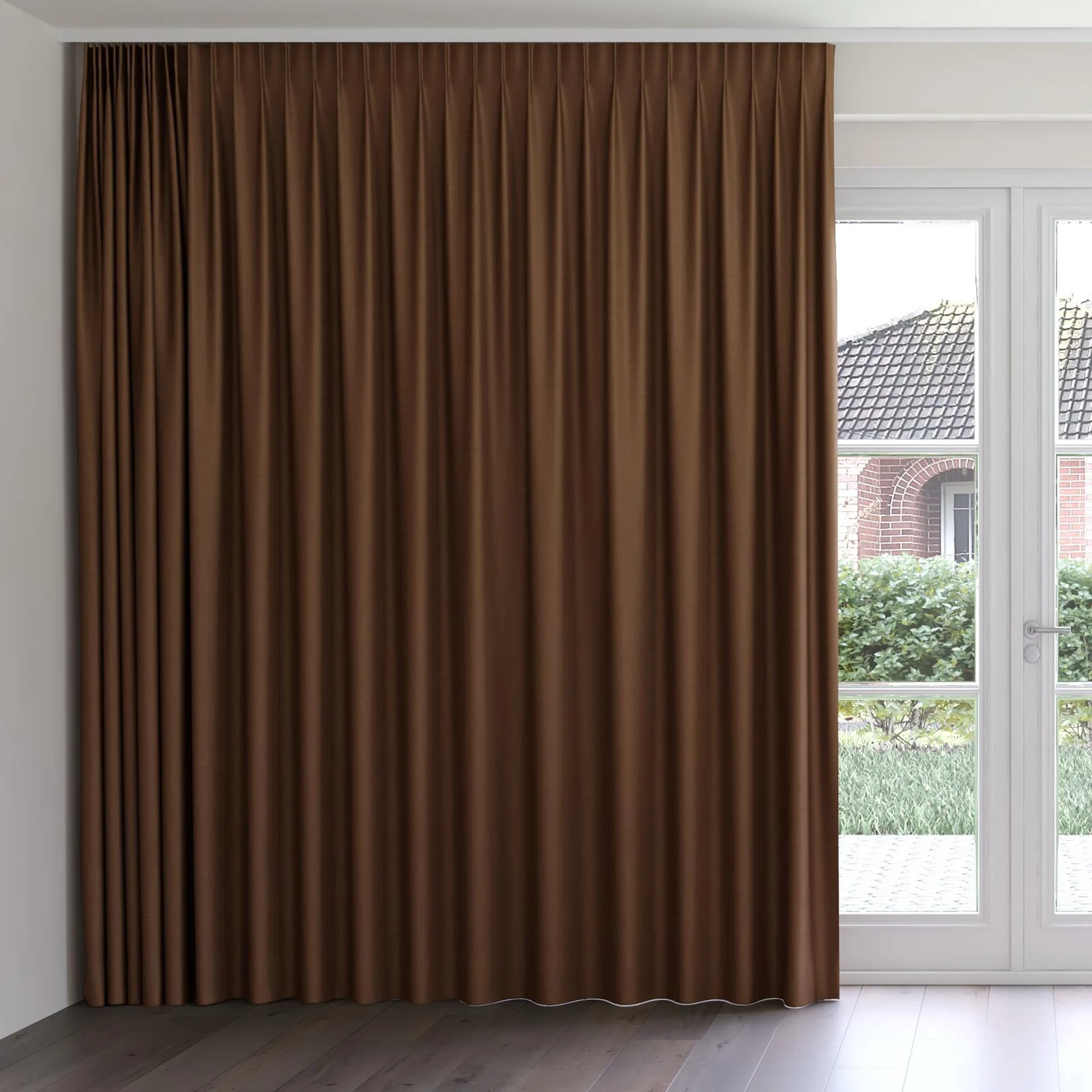 Front view of Linex Maroon, on curtain rail