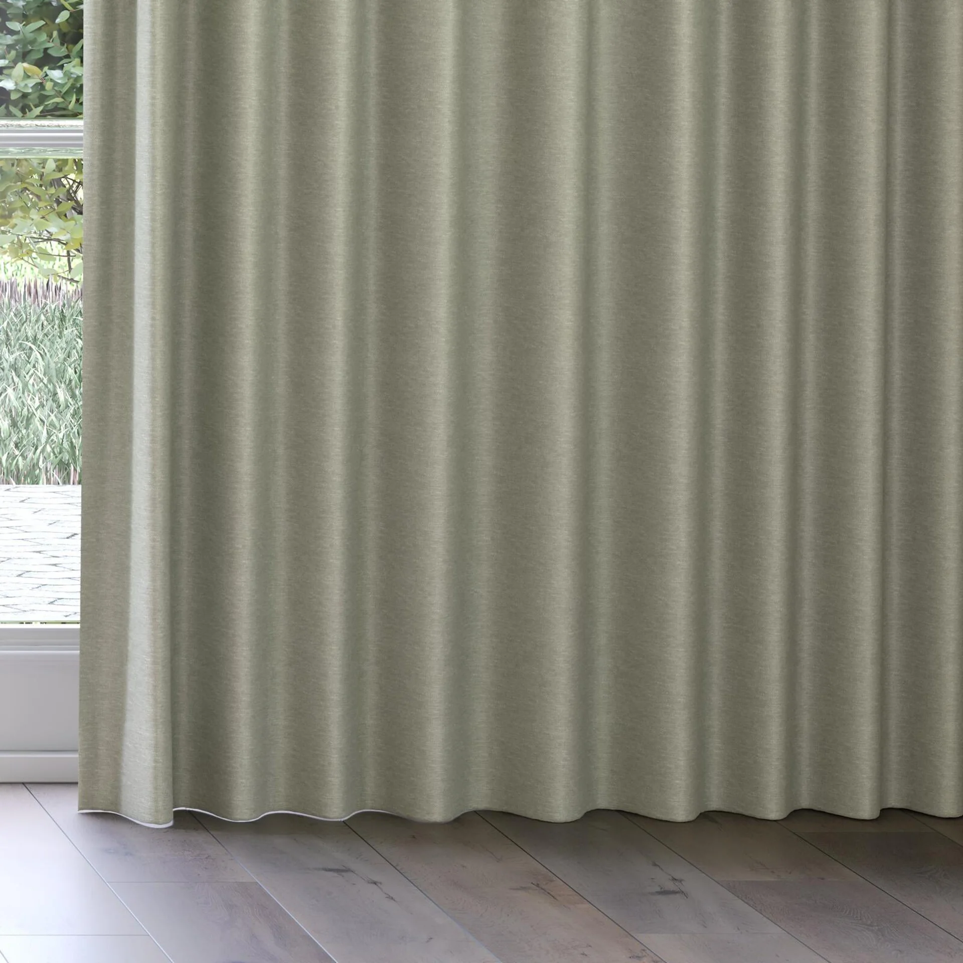 Bottom view of Colourwash Eco Moss, on curtain rail