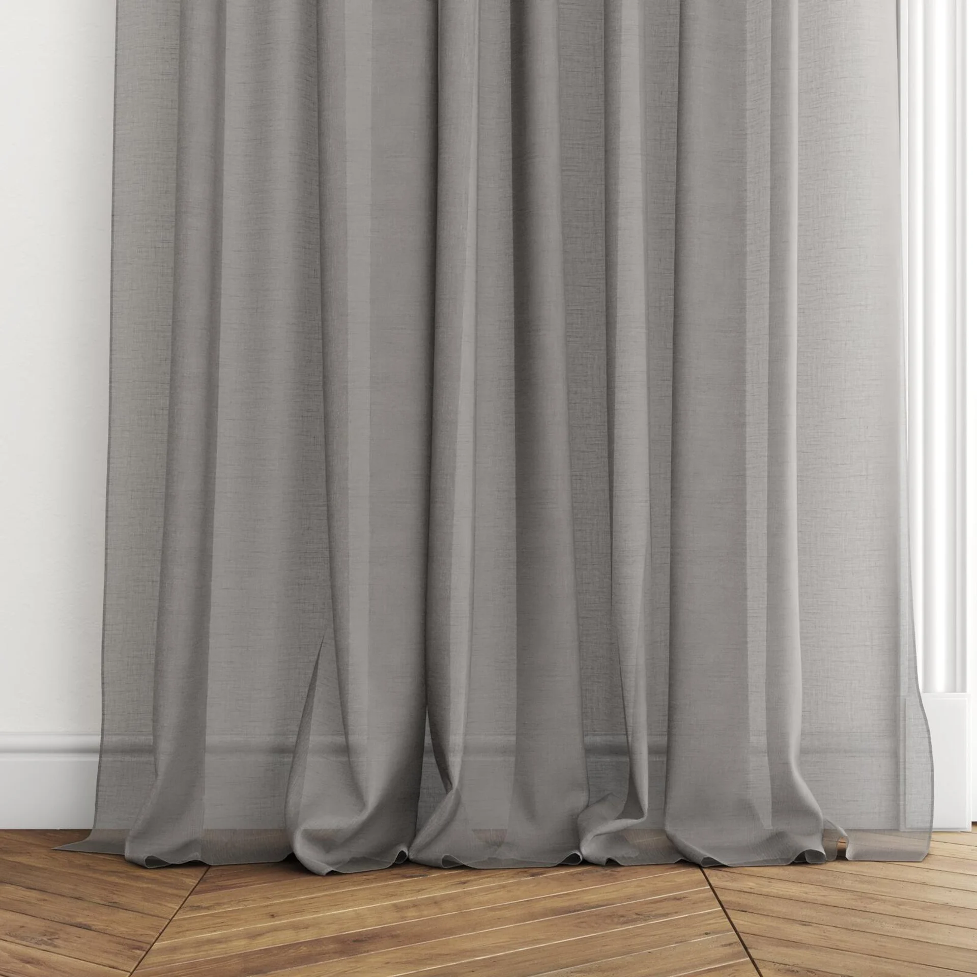 Bottom view of Cavalier Pewter, puddled with pinch pleat, on curtain rod