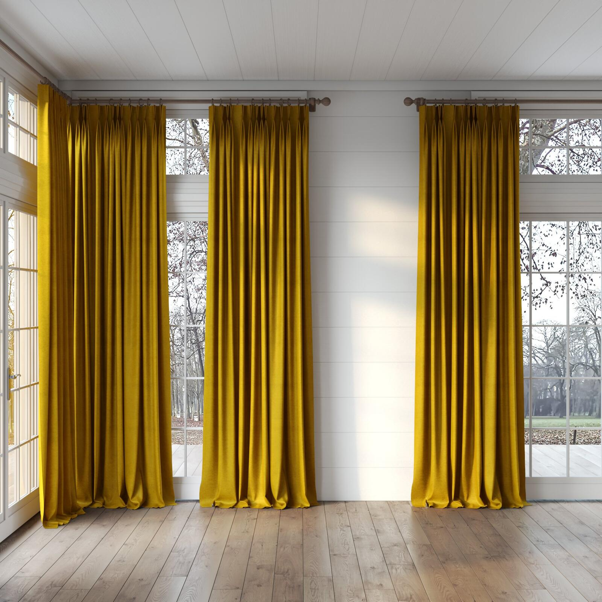 Full view of Baron Gold, puddled, on curtain rod