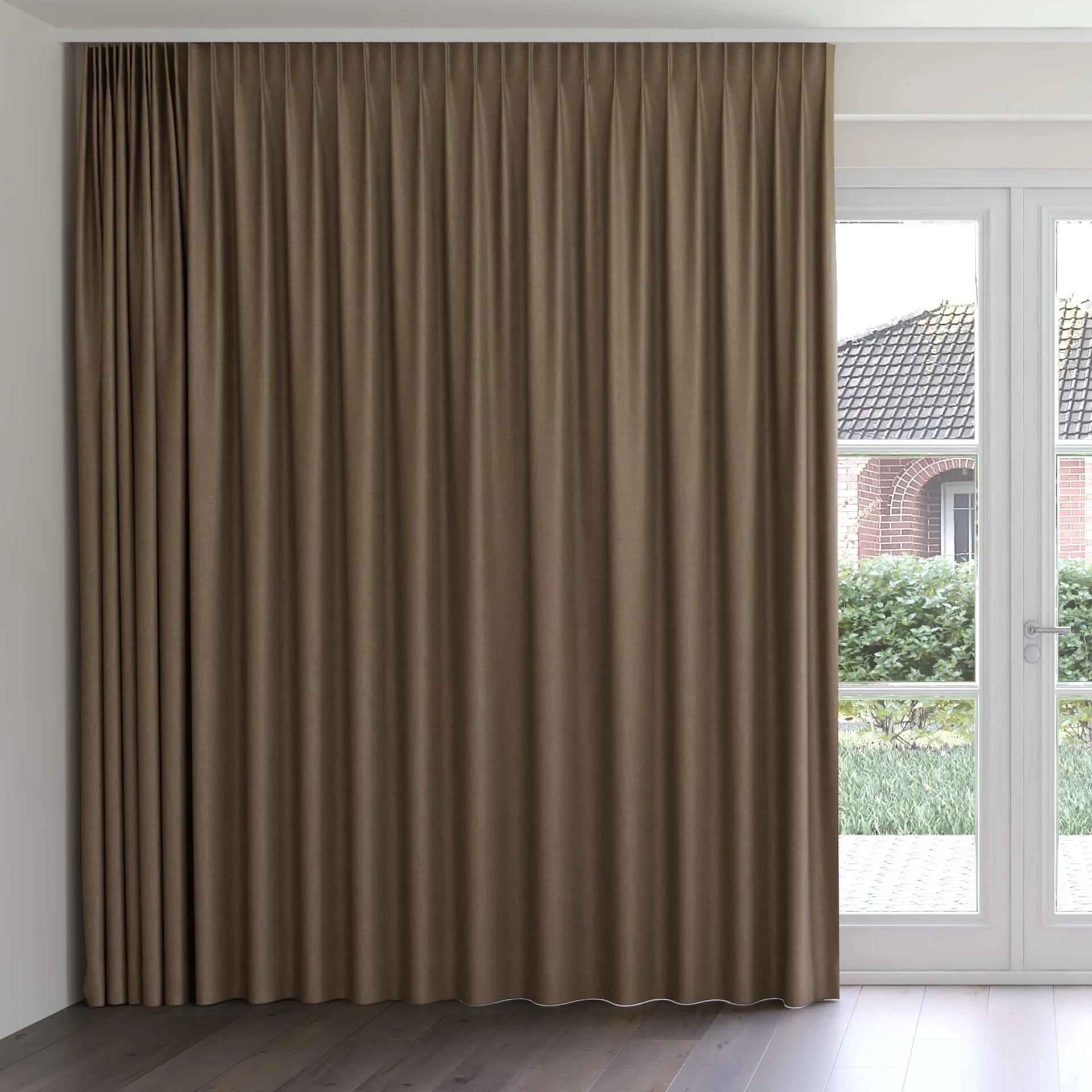 Front view of Perfecto Truffle, on curtain rail