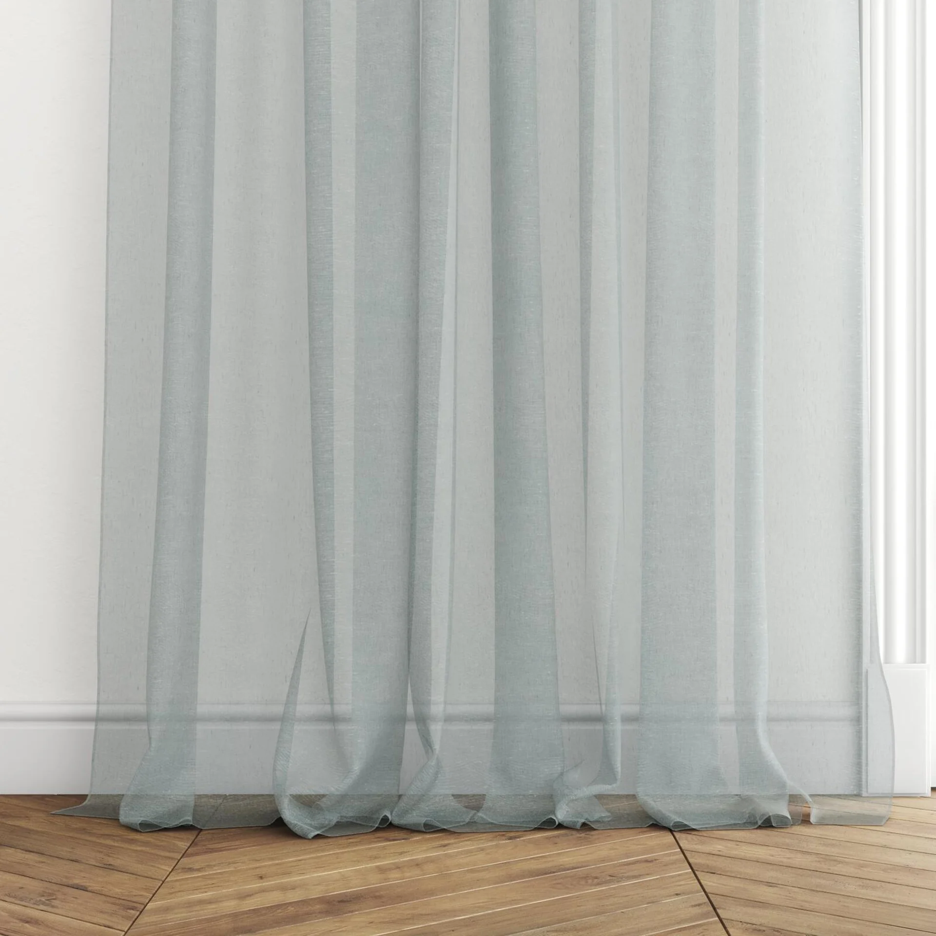 Bottom view of Rhyme Scuba, puddled with pinch pleat, on curtain rod