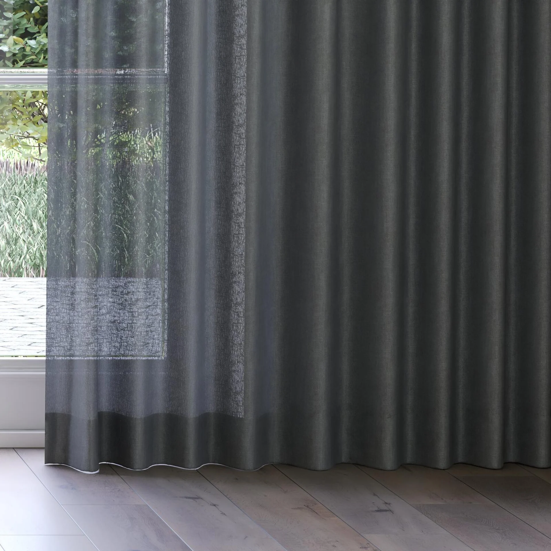 Bottom view of Lucidity Charcoal, on curtain rail
