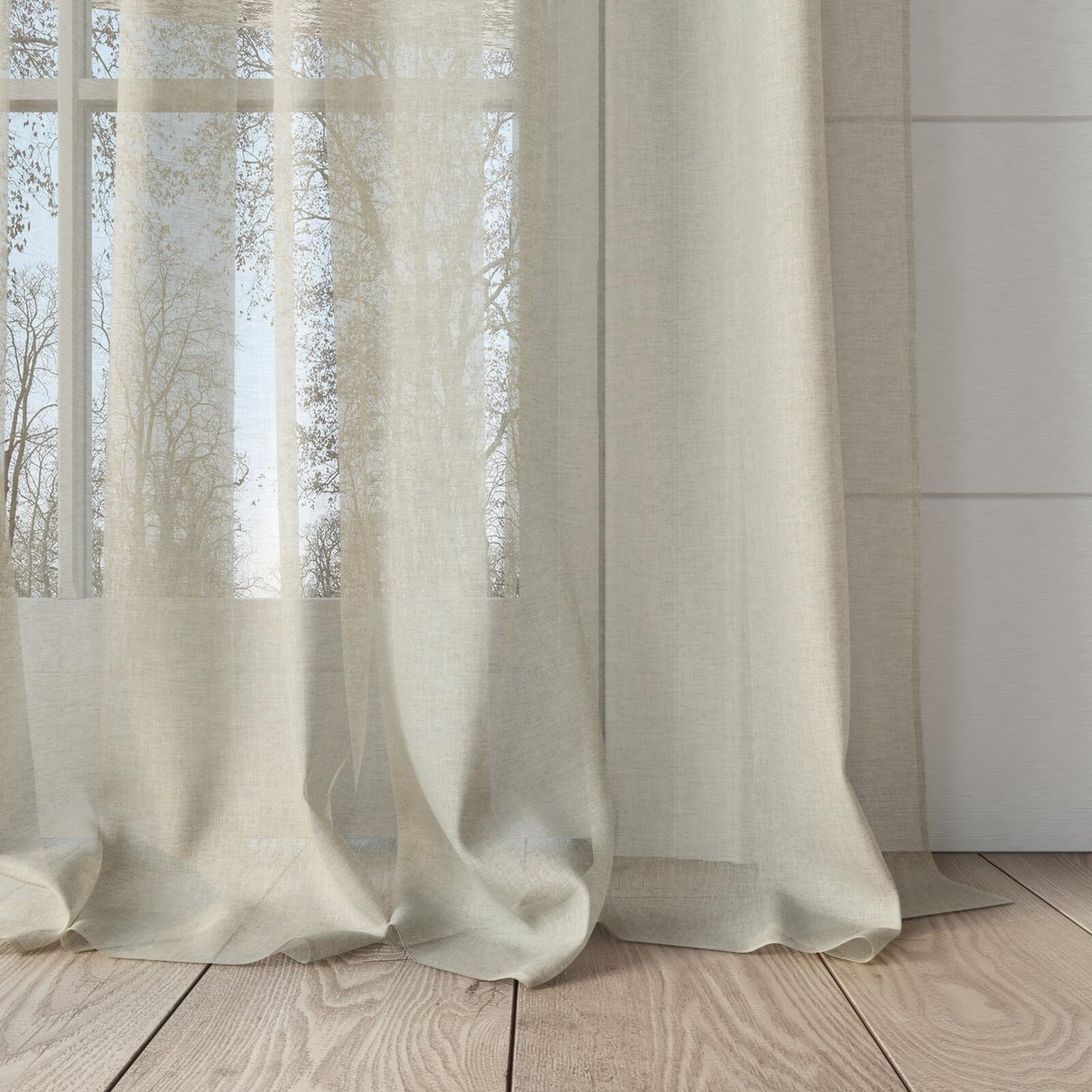 Bottom view of Sardinia Linen, puddled, on curtain rod