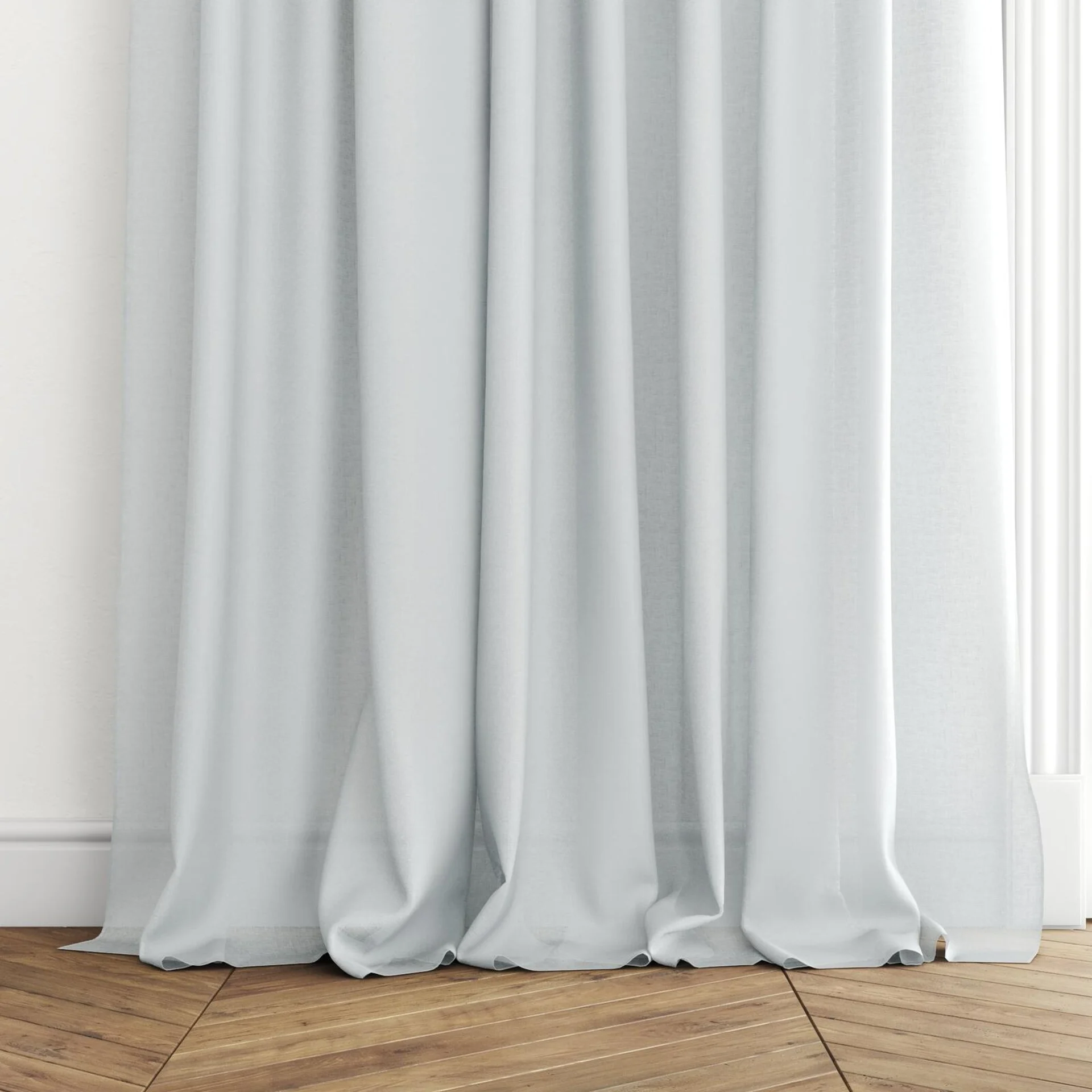 Bottom view of Kanso Stonewash Sky, puddled with pinch pleat, on curtain rod