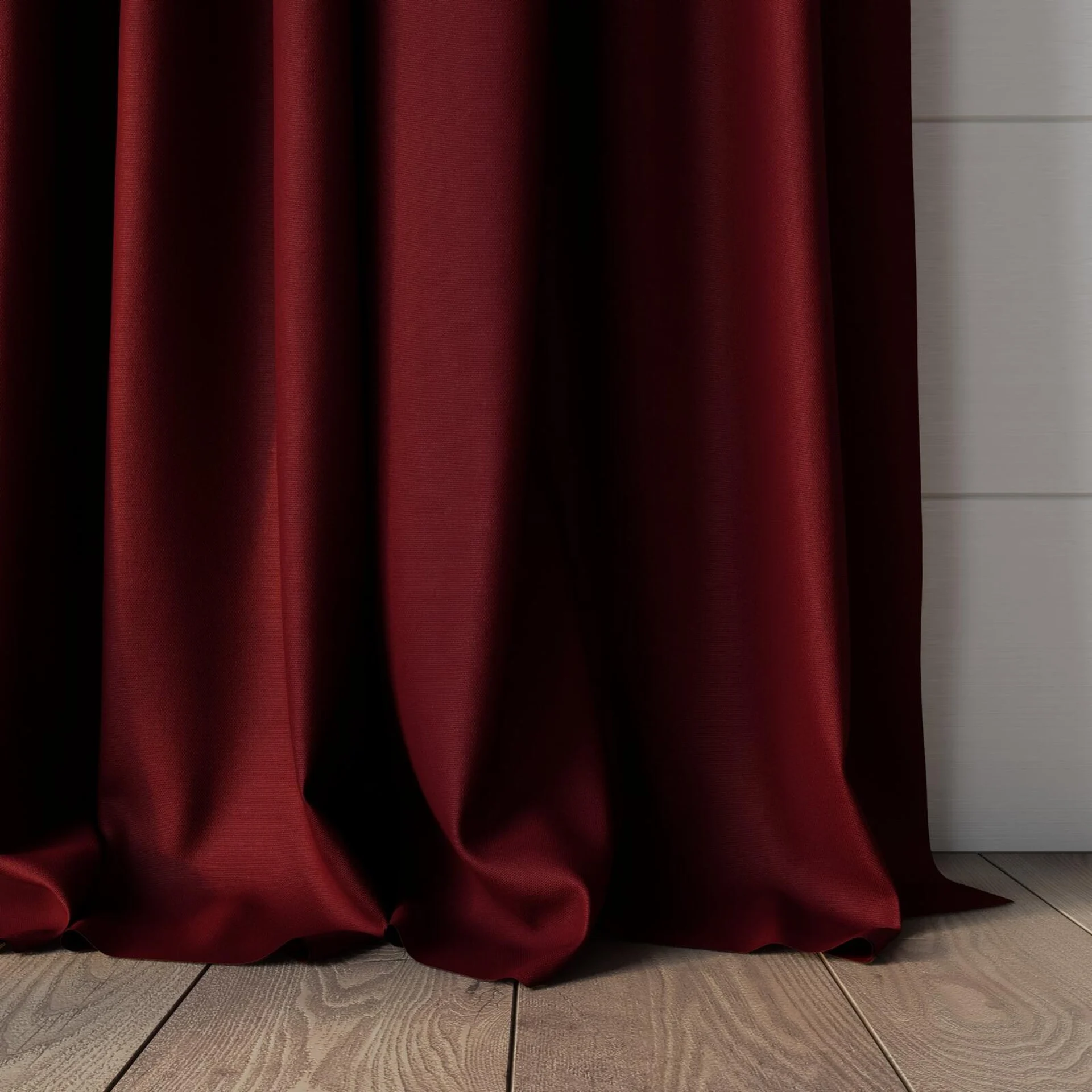 Bottom view of Woolskin Bordeaux, puddled, on curtain rod