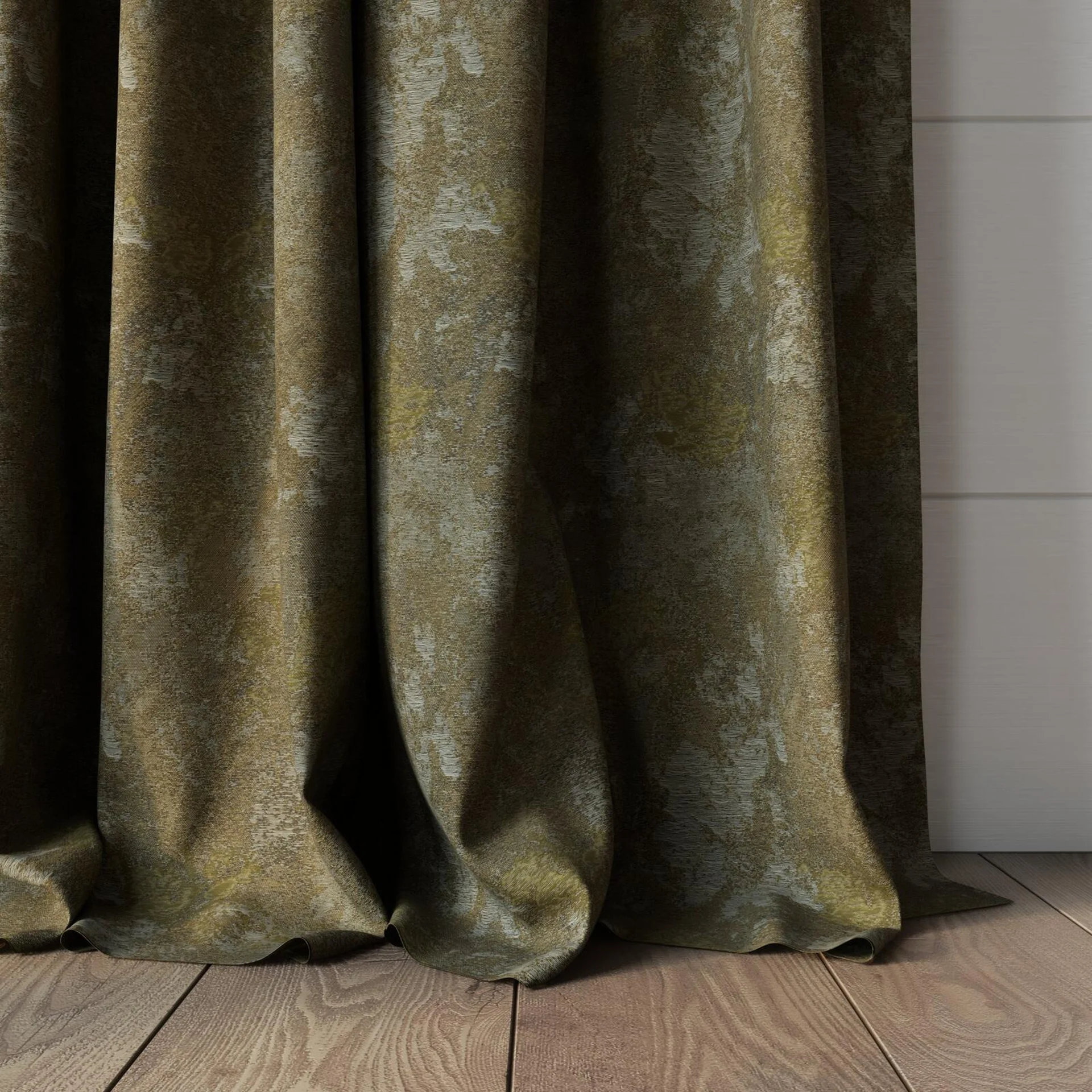 Bottom view of Joyce Camouflage, puddled, on curtain rod