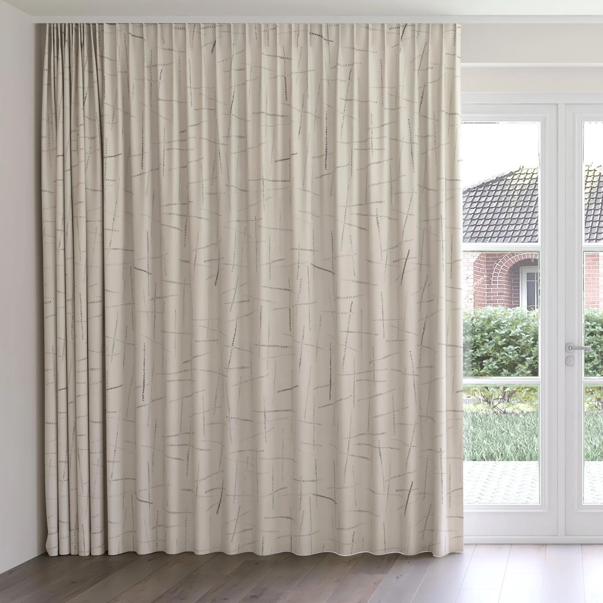 Front view of Handblock Basalt, on curtain rail