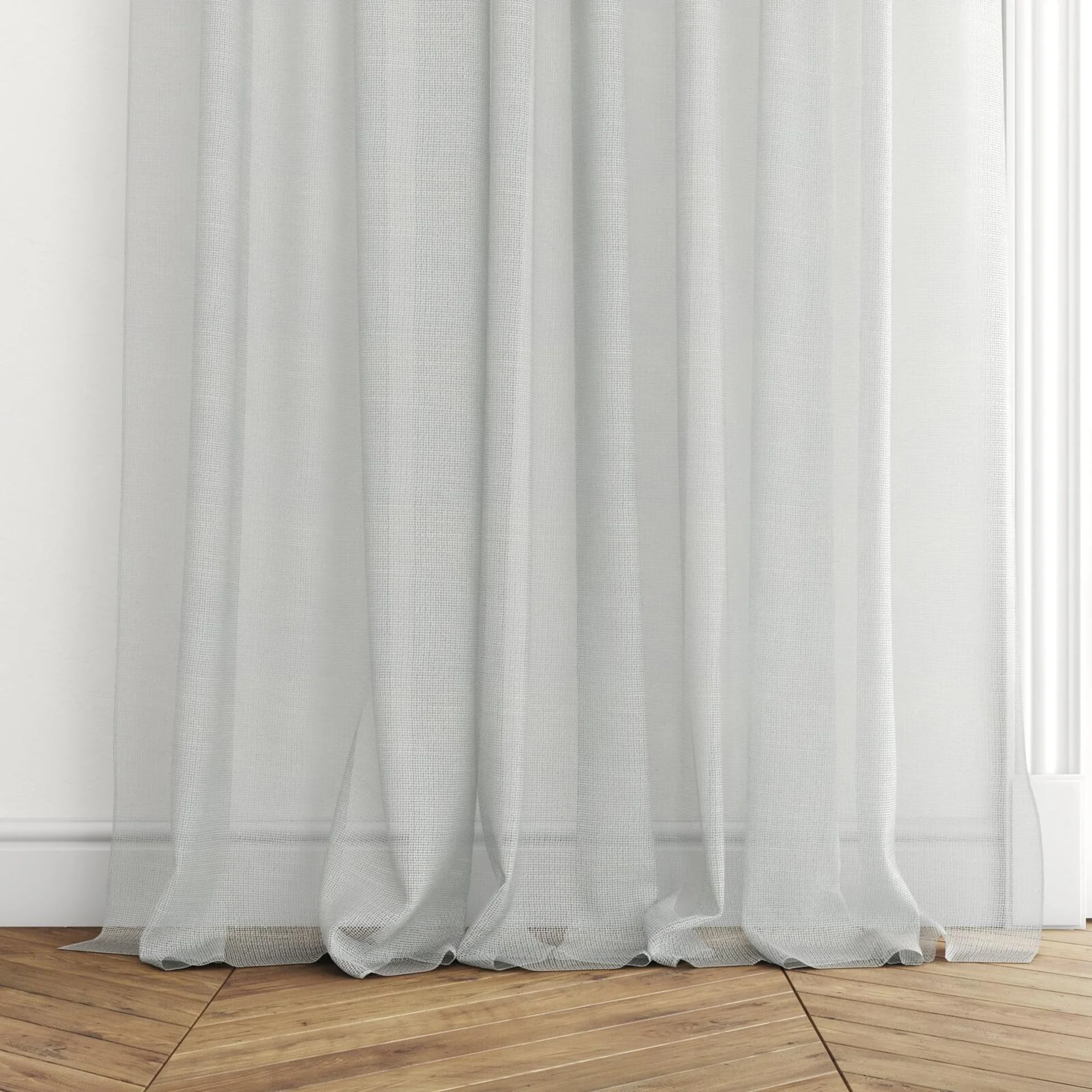 Bottom view of Radiant Snow, puddled with pinch pleat, on curtain rod