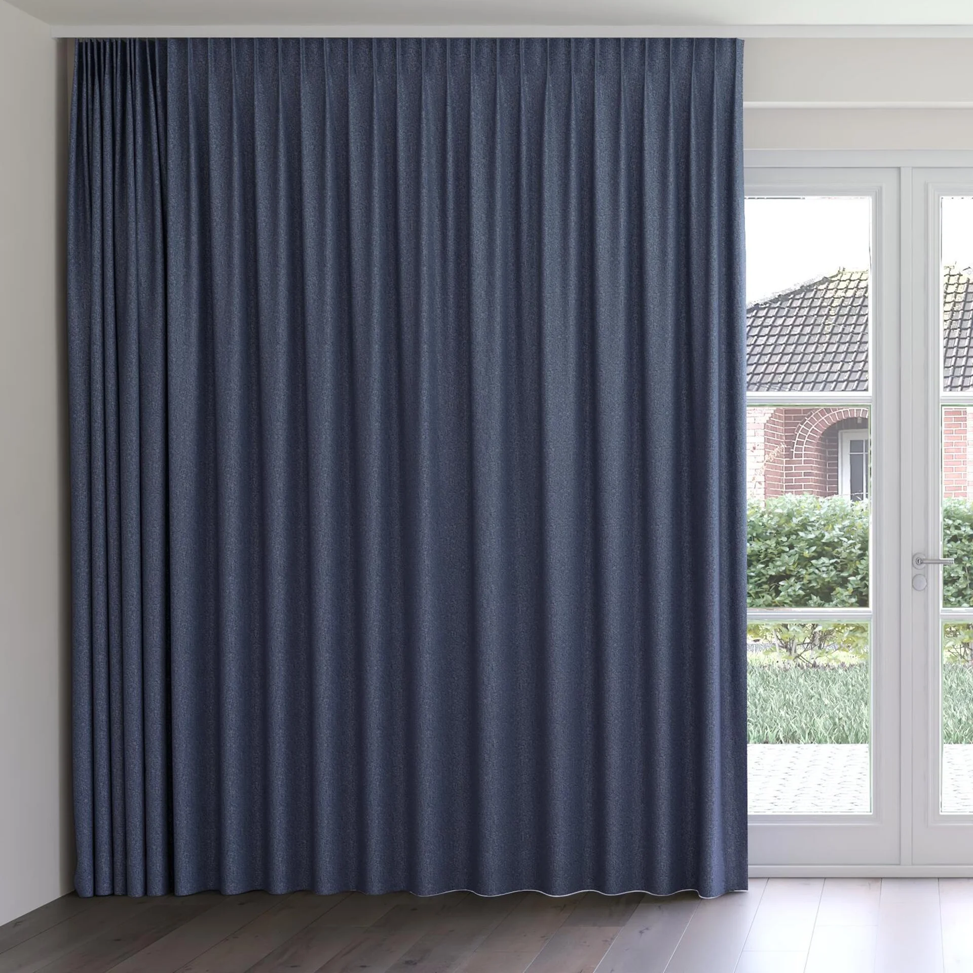Front view of Sabik Indigo, on curtain rail