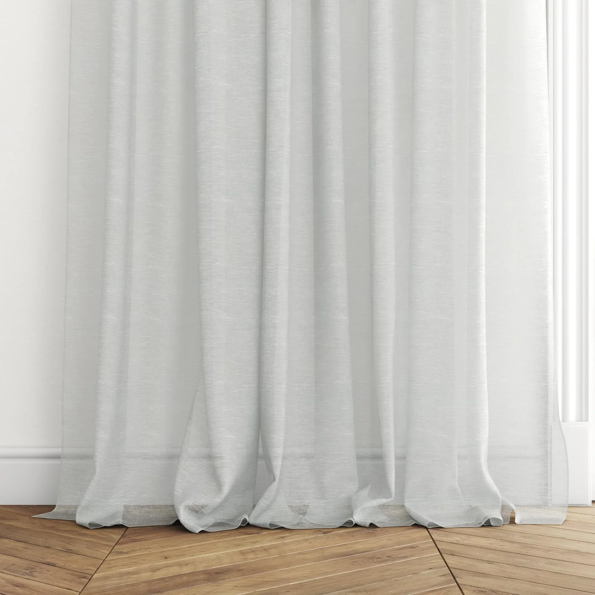Bottom view of Enso Silver, puddled with pinch pleat, on curtain rod