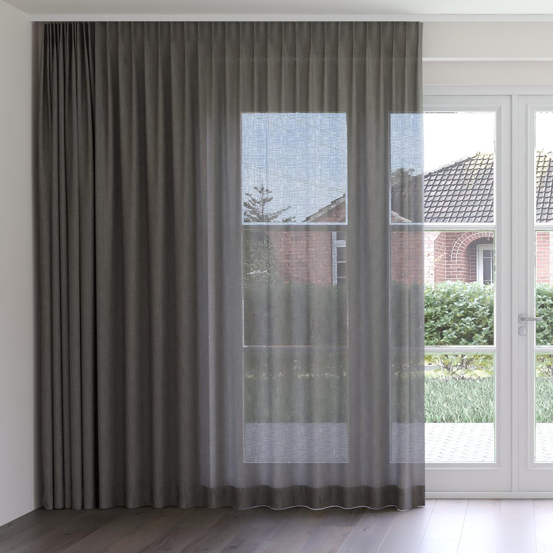 Front view of Motion Charcoal, on curtain rail