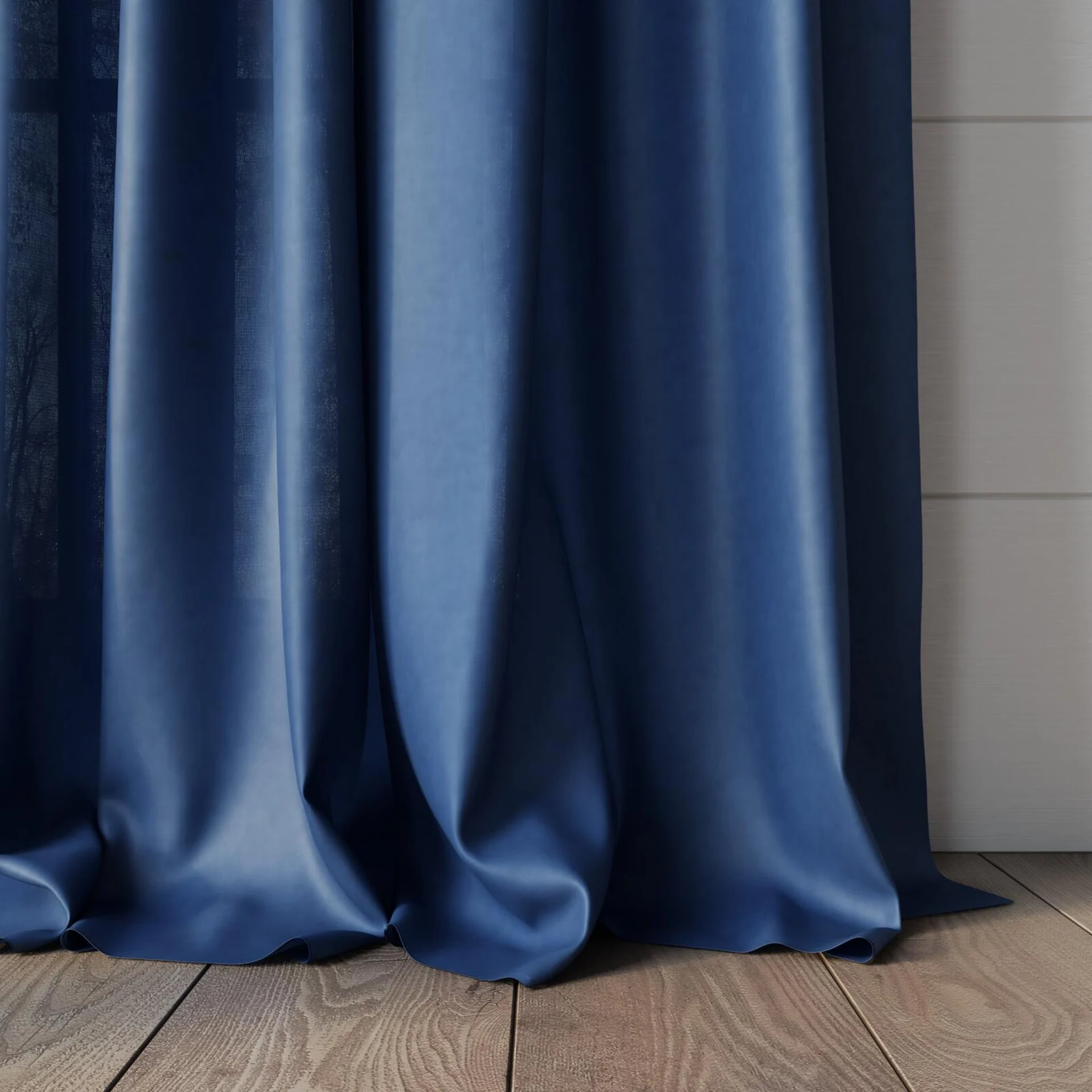 Bottom view of Flo II Denim, puddled, on curtain rod