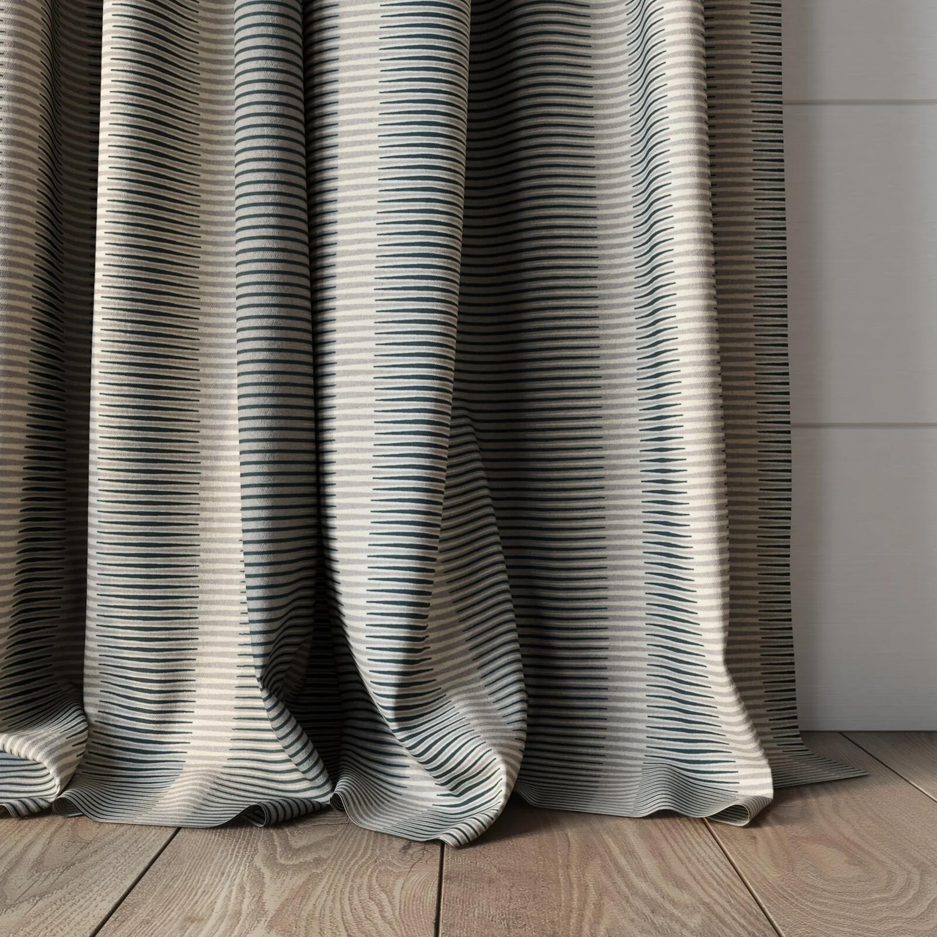 Bottom view of Jacopo Stripe Metal, puddled, on curtain rod