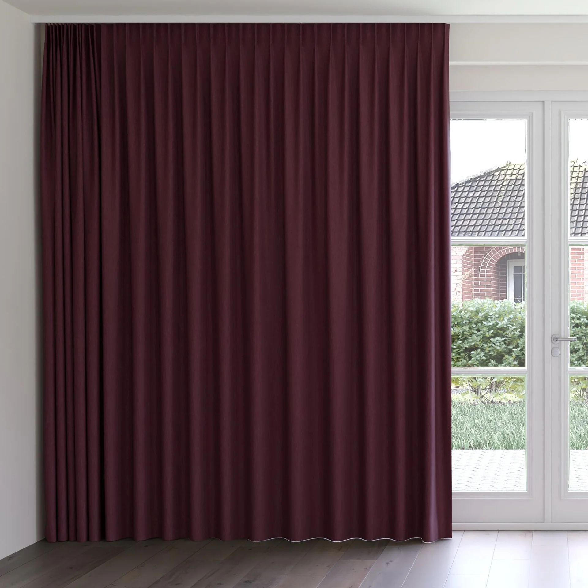 Front view of Tuxedo Burgundy, on curtain rail