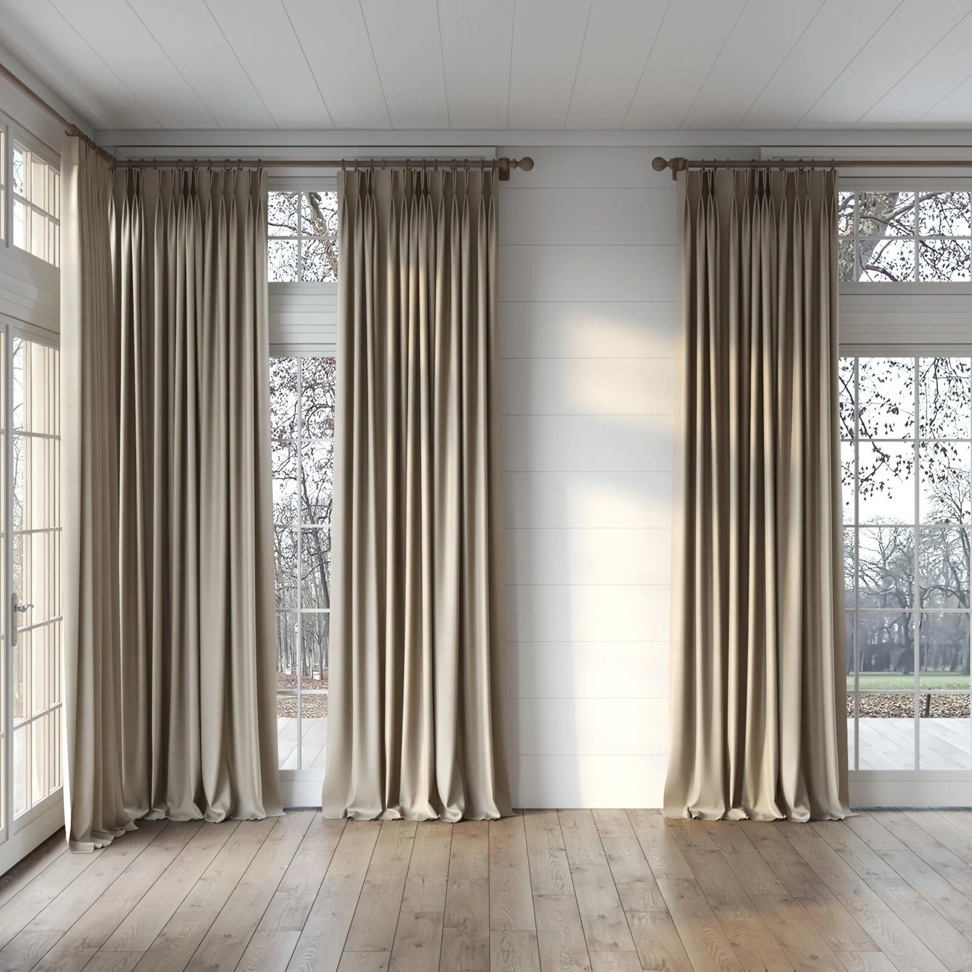 Full view of Mont Blanc Rabbit, puddled, on curtain rod