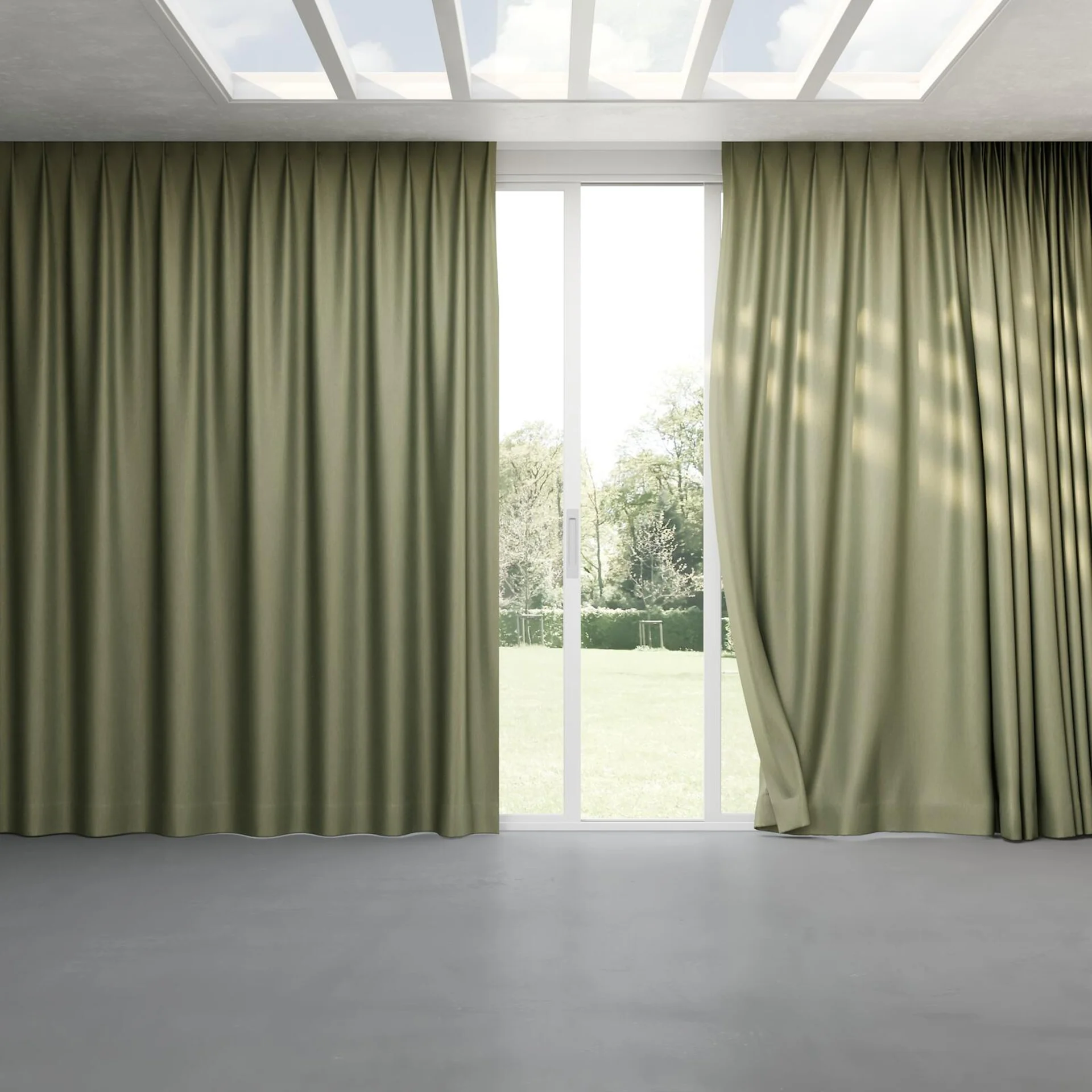 Full view of Re-Boot Olive, pinch pleat