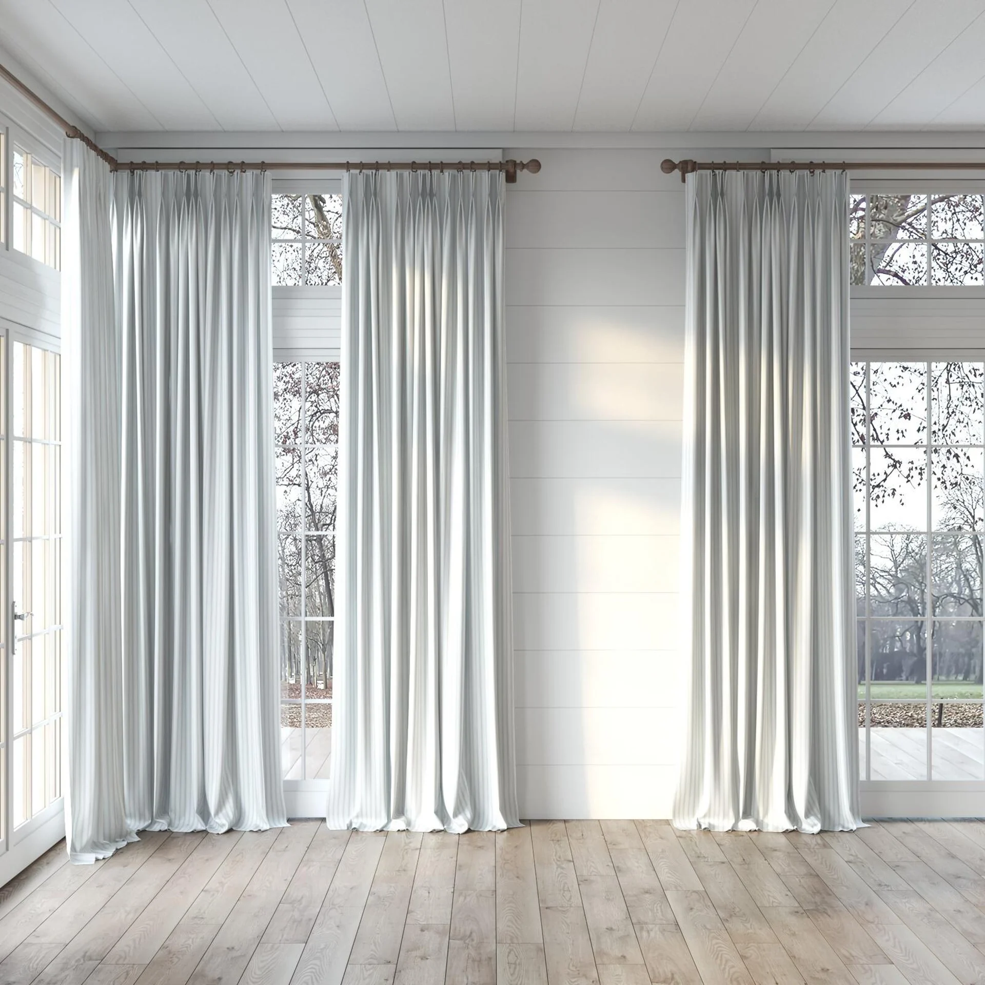 Full view of Chambray Ticking Thistle, puddled, on curtain rod