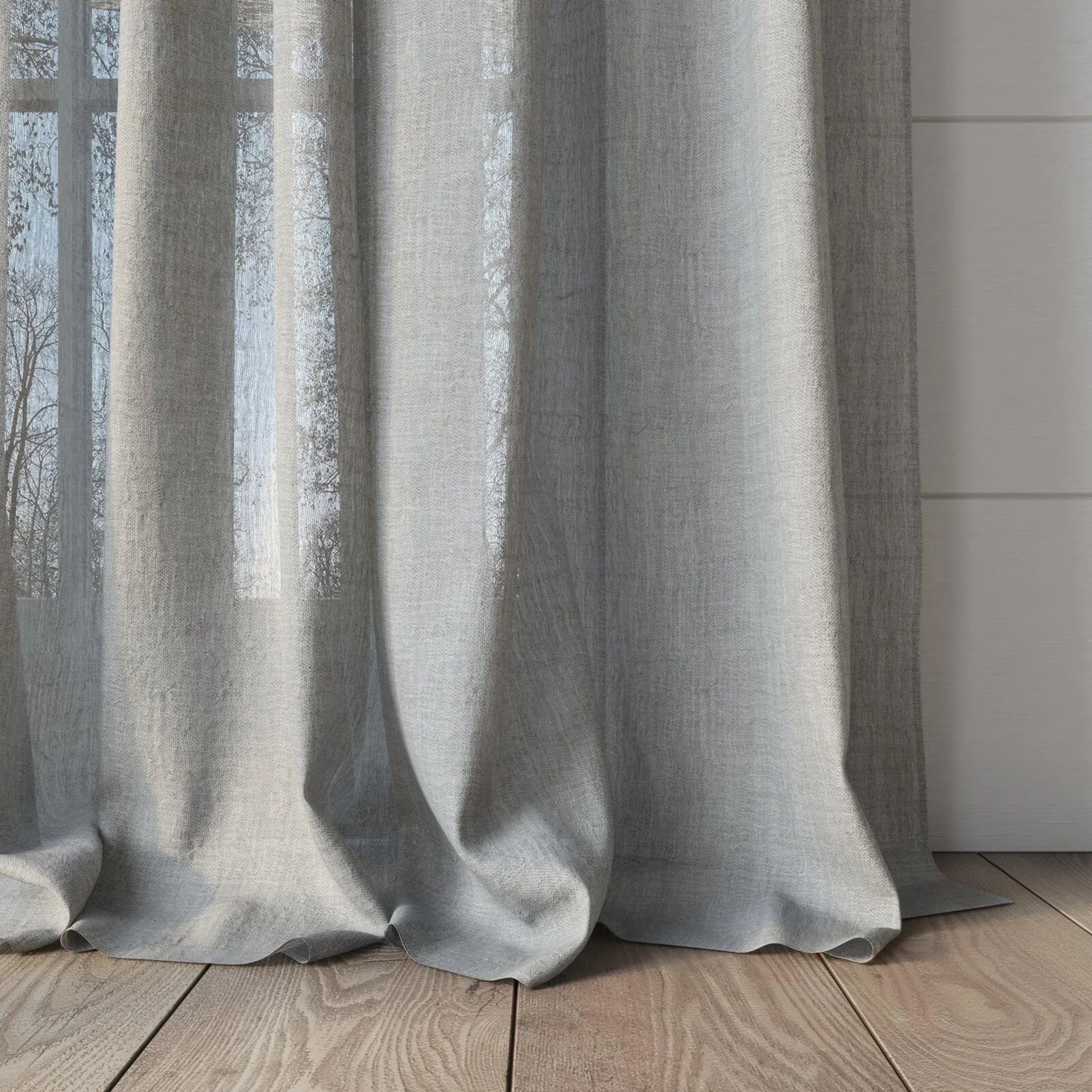 Bottom view of Illusion Frost, puddled, on curtain rod