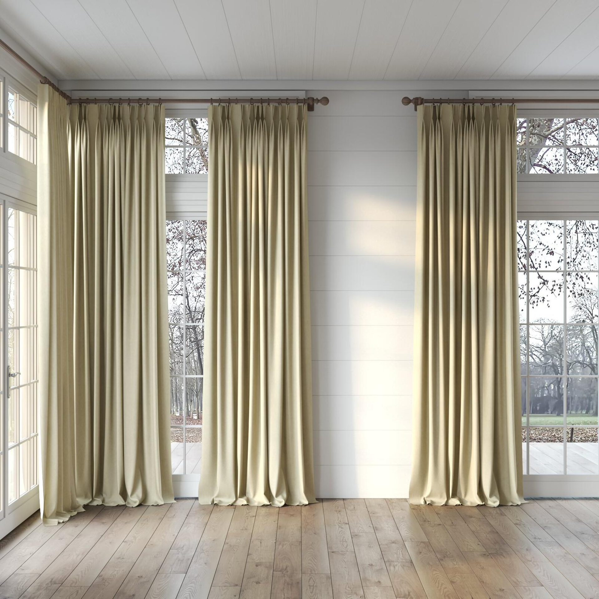 Full view of Rover Linen, puddled, on curtain rod