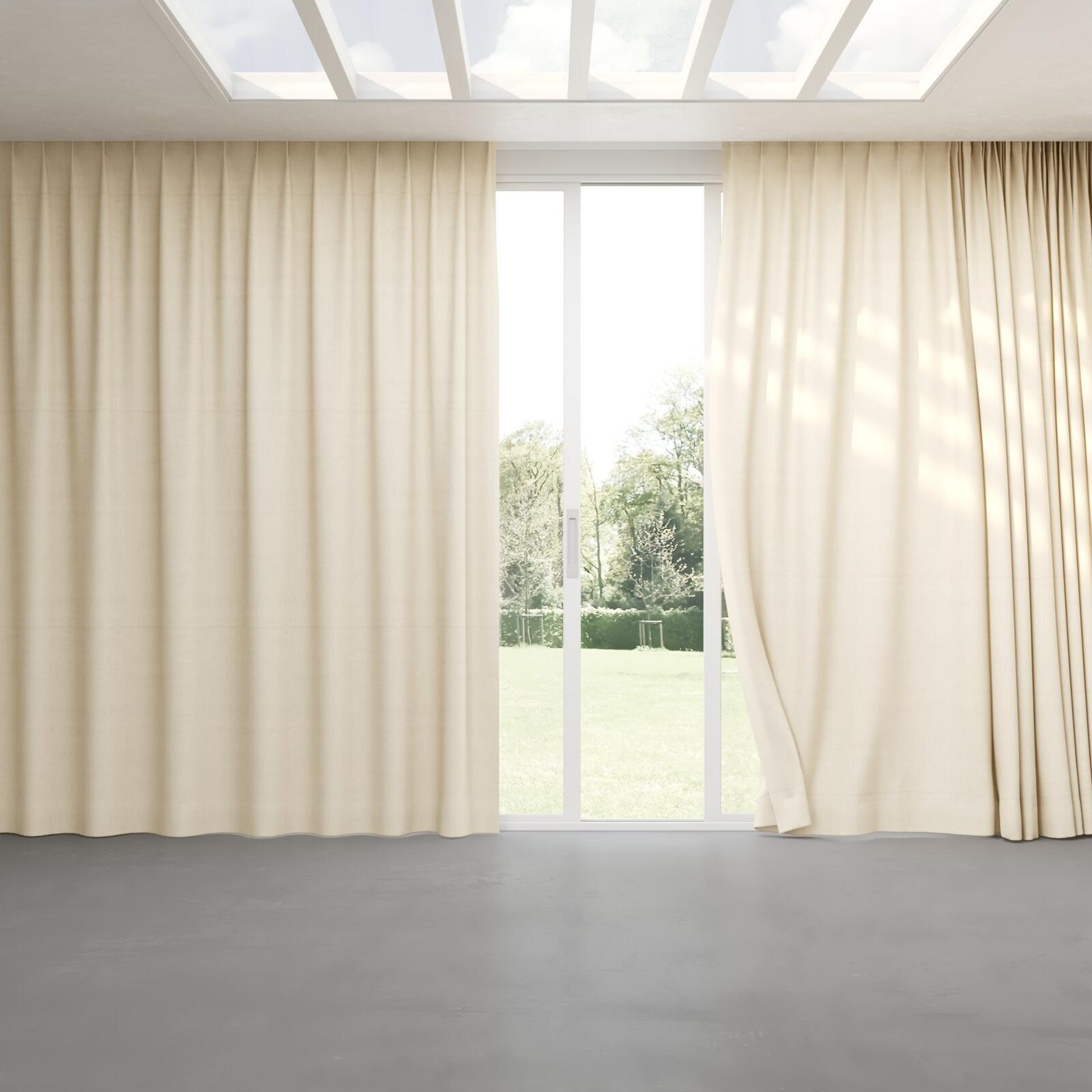 Full view of Warlock Beige, pinch pleat