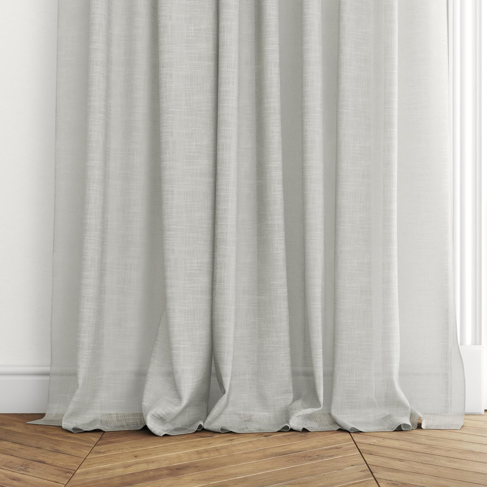 Bottom view of Savina Fog, puddled with pinch pleat, on curtain rod
