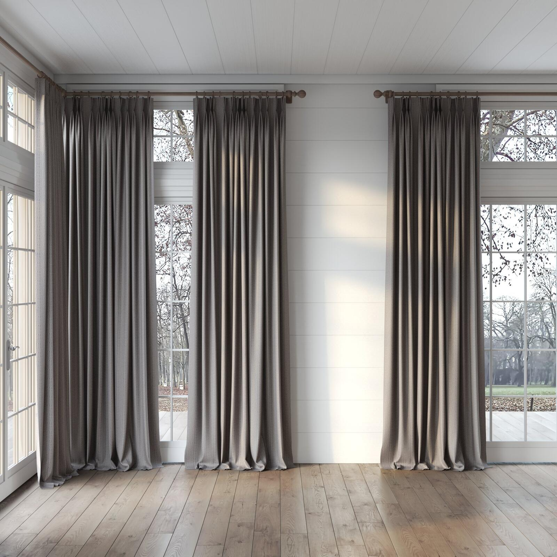 Full view of Iconji Charcoal, puddled, on curtain rod