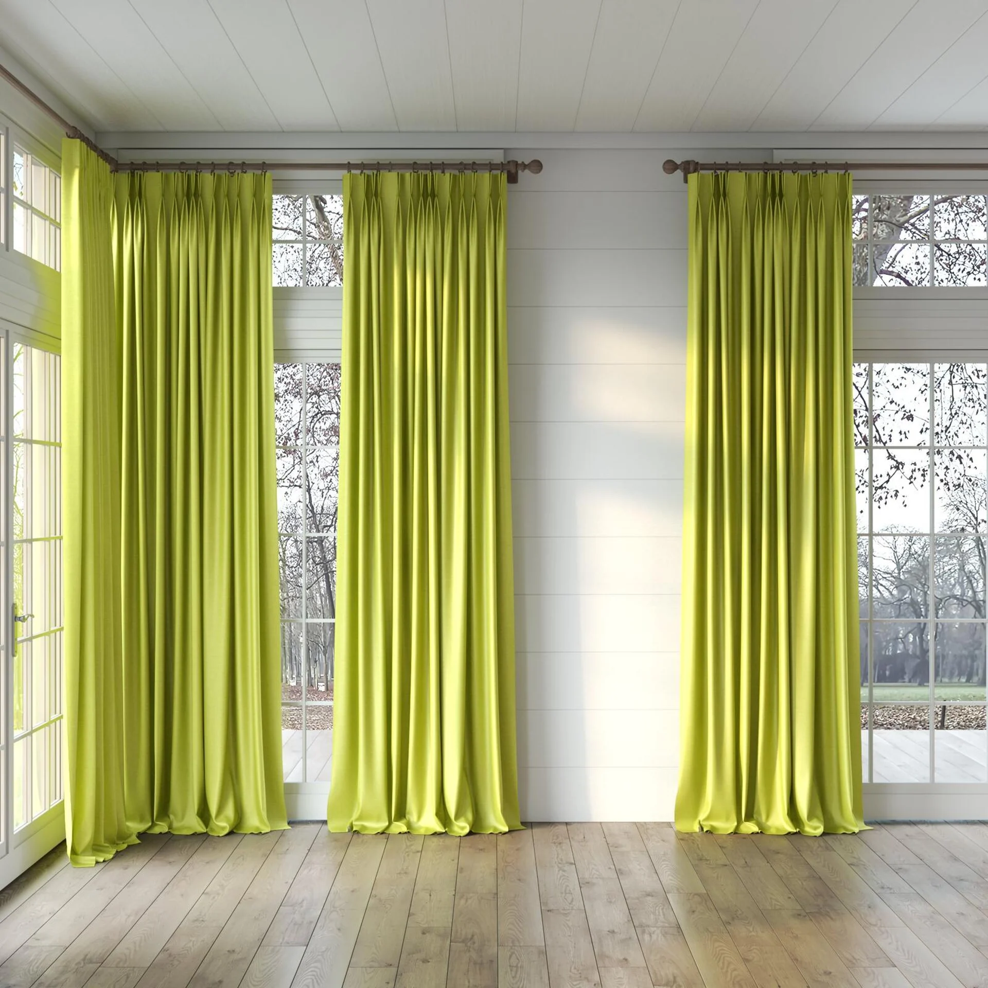 Full view of Provence Chartreuse, puddled, on curtain rod