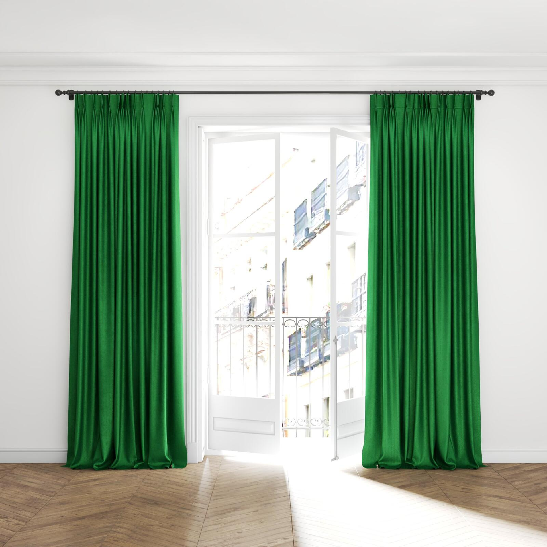 Full view of Hug Emerald, puddled with pinch pleat, on curtain rod